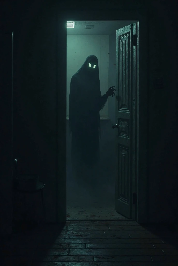 A shadowy figure with hollow eyes appearing in the corner of a room.