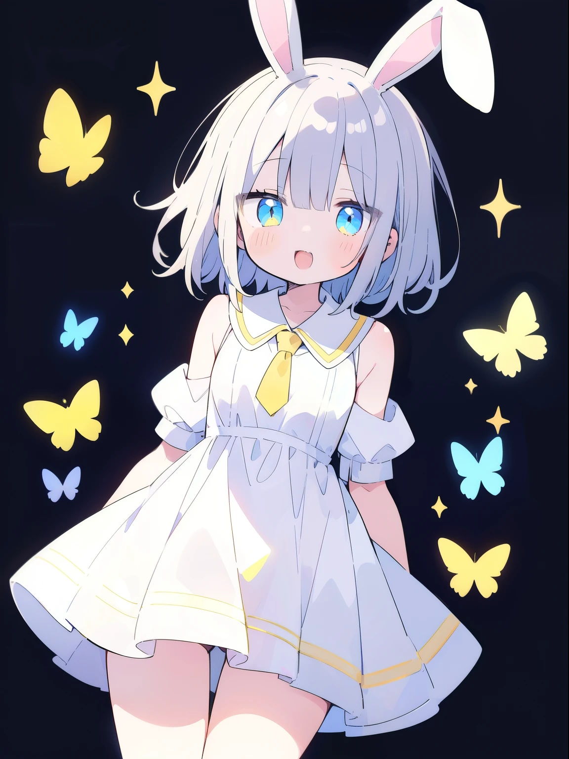 yellow kindergarten clothes 、Yellow smock、Bunny girl、Usamimi、Very beautiful and shining eyes、shining eyes、1 girl、small breasts、big mouth、high school girl、small breasts、 transparent silver short hair、 girl