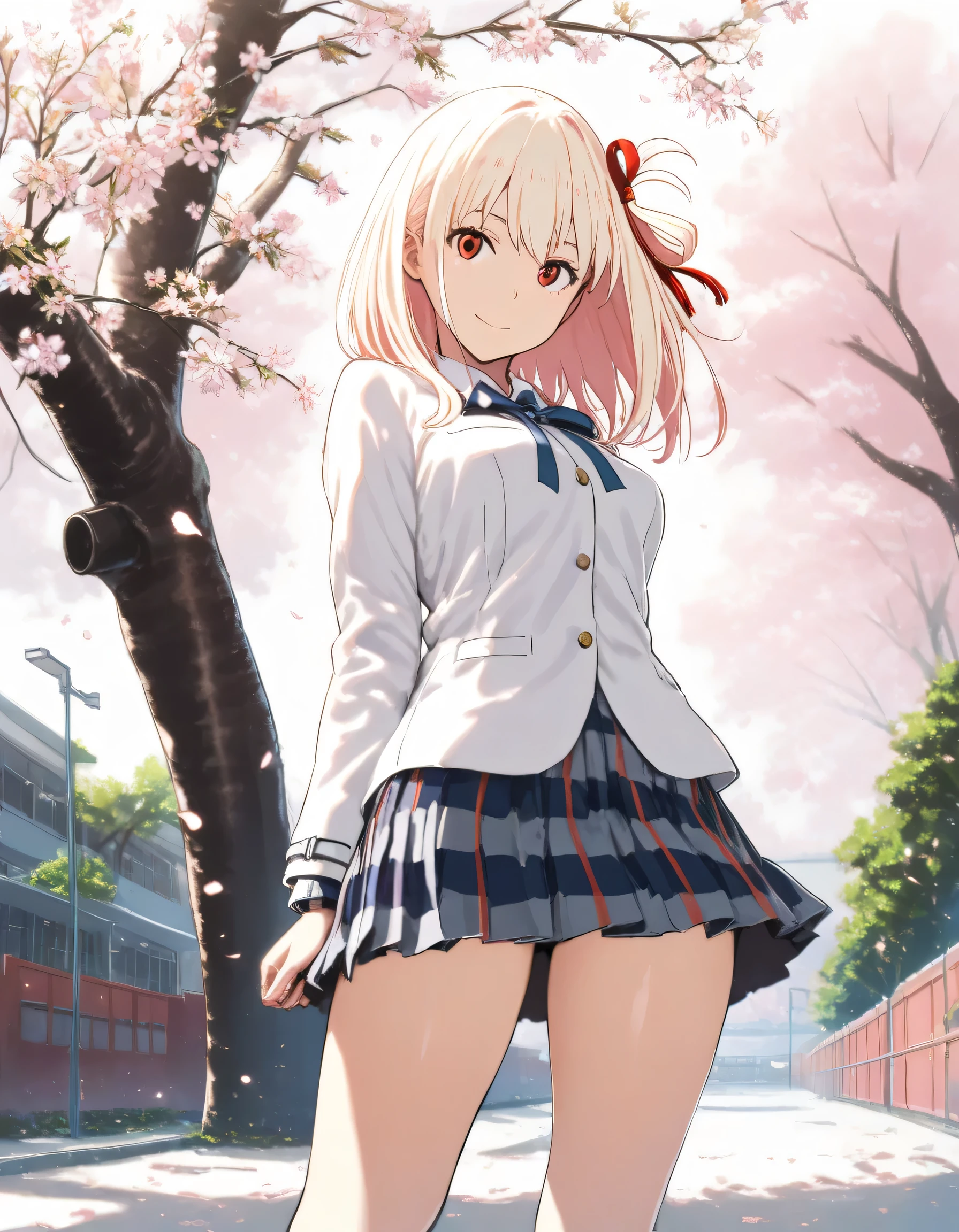 1girl, lycoris recoil, year 2016, school uniform, white blazer, red check skirt, schoolyard, cherry blossom tree, masterpiece, high score, great score, absurdres, 16k, super detail