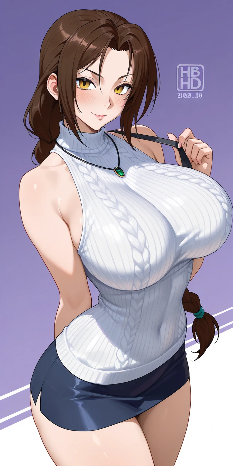 very thicc mommy wearing sexy blue low cut dress with sultry look on her face, has brown hair ponytail, has orange eyes, wearing fur lined robe, pale skin tone, solo, alone, solo, alone