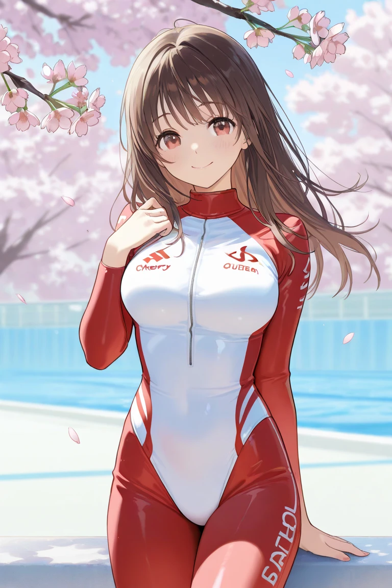 masterpiece、Highest quality、High resolution、Two realistic girls、Competitive swimmer、Close-up of a person、Wearing a red bodysuit、During Competitive swimmerics competitions、smile、Swimming Venues、sexy competition swimwear