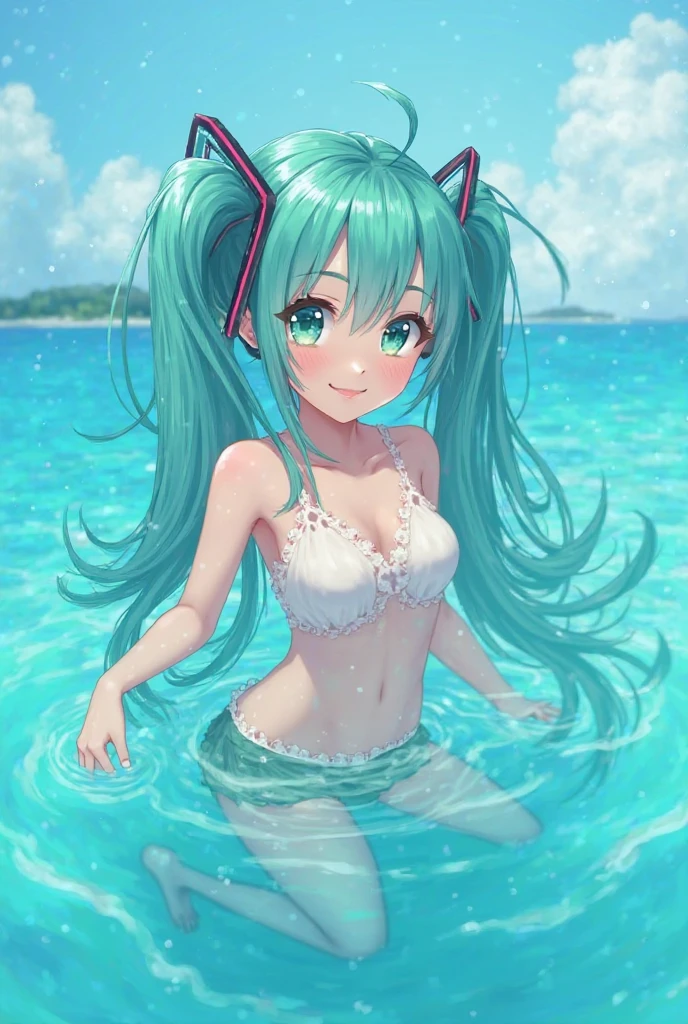 masterpiece, Top quality, Absurd, Perfect anatomy, Cat-eared girl,1 girl, Solo, Miku390, Twin tails, Long hair, Beach, Palm tree, Water, (partially submerged), Smile, :d, Arms outstretched, White bikini with frills, Cute, Cute bikini, Dynamic pose