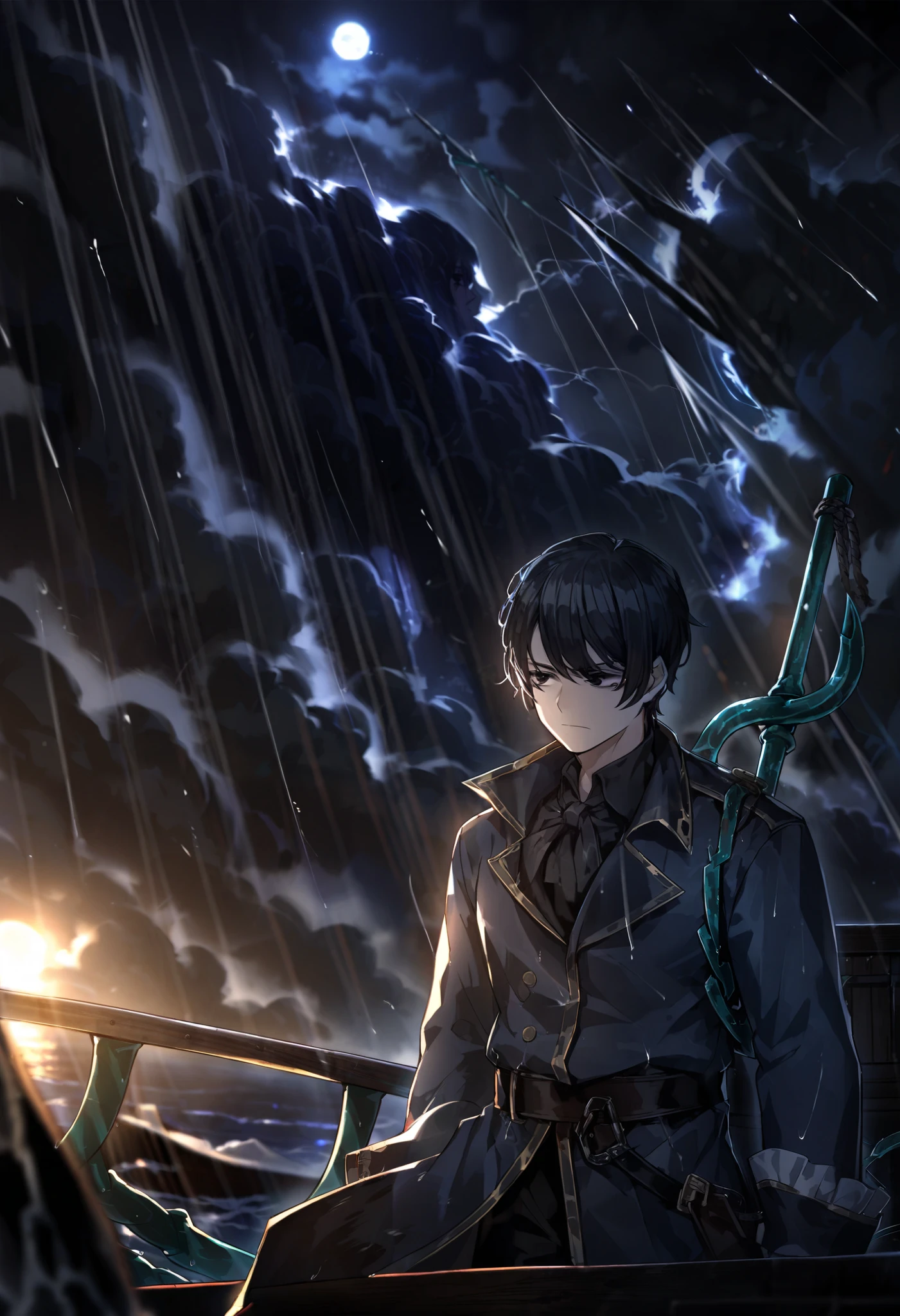 1male, Black hair, black eyes, shirt, black shirt, plume, short hair, expressionless, pirate captain outfit, long sleeves, outdoors, closed mouth, sky, coat, weapon , dark blue coat, on ship, trident with three prongs on back, hatless, unkempt hair, cloudy, night, storm, raining, dark night, overcast, (project moon)