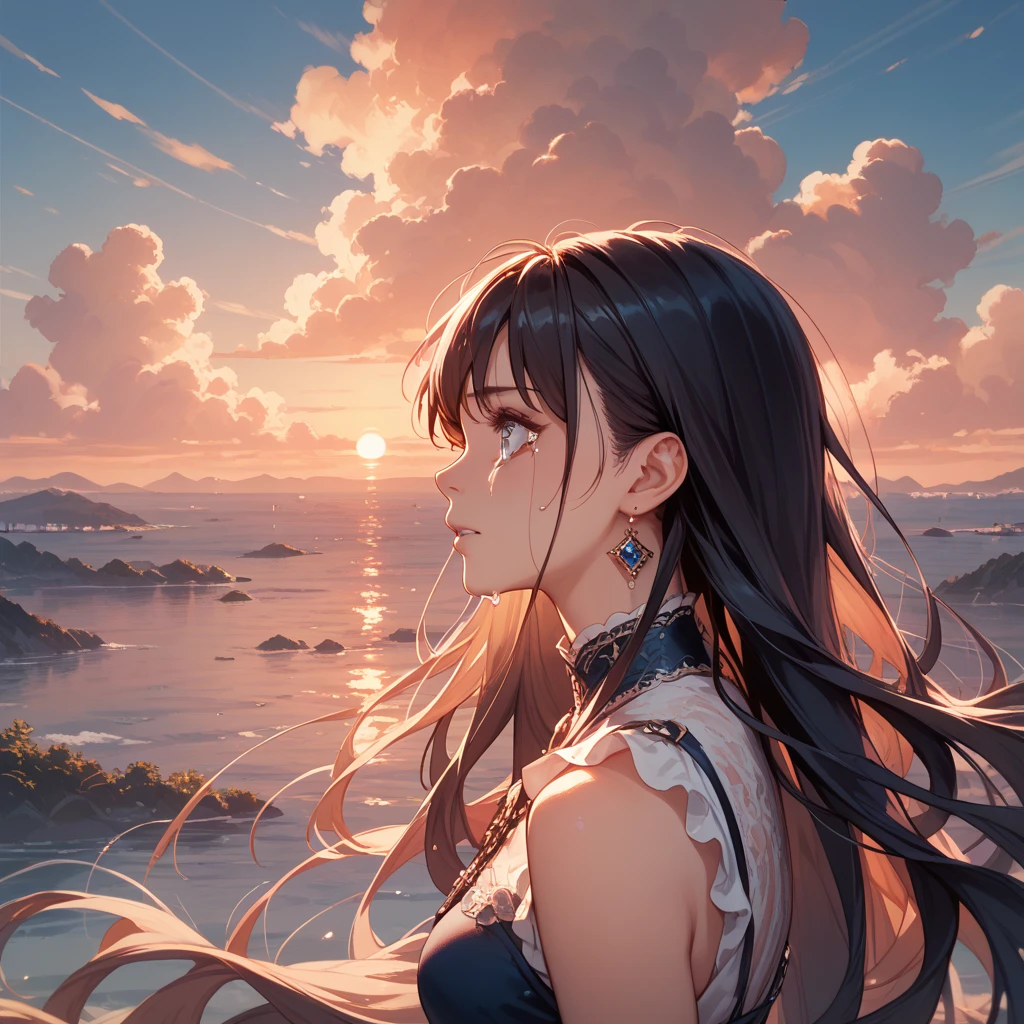 (delicate and romantic), floating, (romantic sunset), (gentle yet passionate wind), (1girl with flowing hair), (red dress or outfit), (longing gaze), (bird flying in the distance), (dreamy and ethereal atmosphere), (vibrant colors)