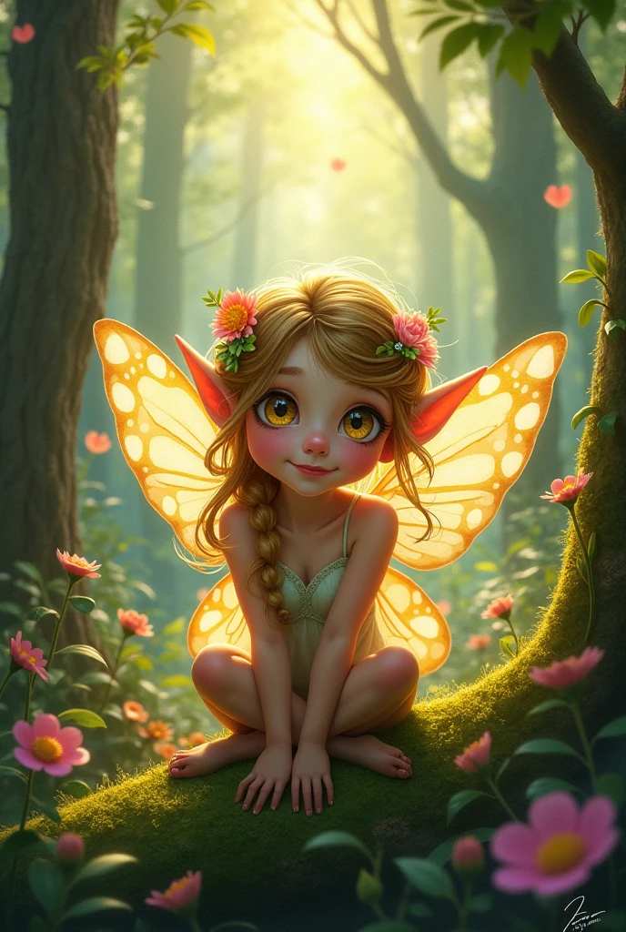 a female adult small Sprite sits on a table, in a dark sun fantasy art style
