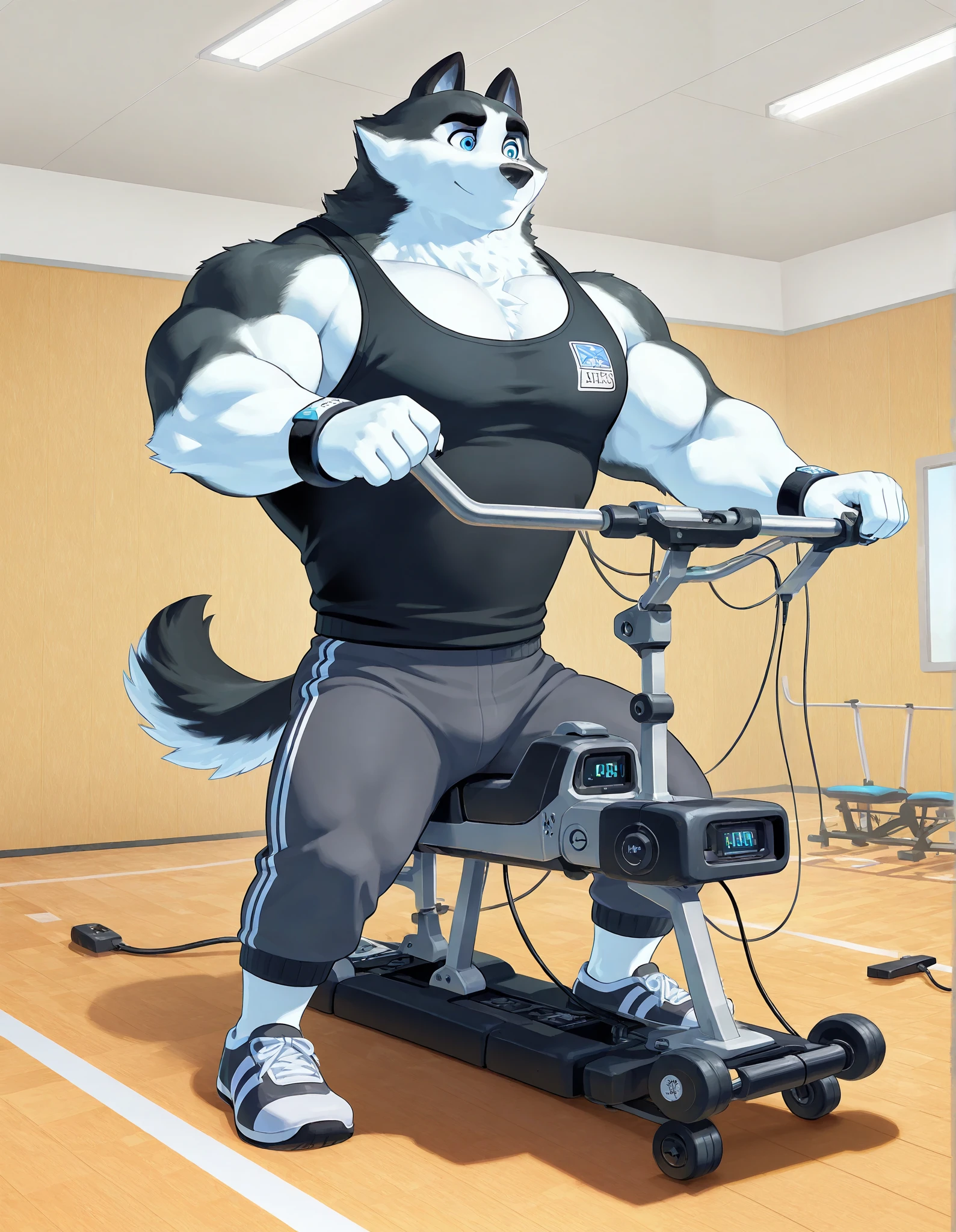 Duke (Arctic Dogs), anthro dog, black fur, white fur, male, blue eyes, high quality, full body, focus on chest workout, Cable Crossover Machine, Cable rowing Machine, solo, gym background, thick arms, muscular, black tank top, dark gray gym shorts, wristbands, gym shoes, cable crossover row, working out,