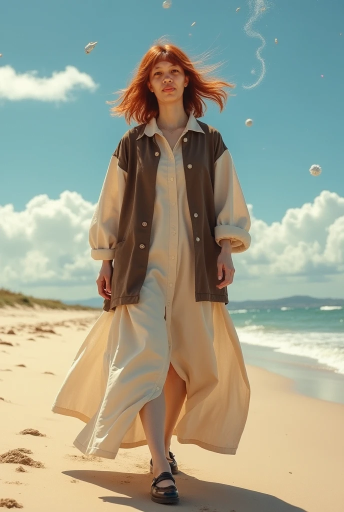 photo realistic, KatherineMcNamara2, <lora:aerith-nvwls-v1:1>, aerith gainsborough, choker, cropped jacket, hair bow, bracelet, pink dress, brown boots, sandy beach