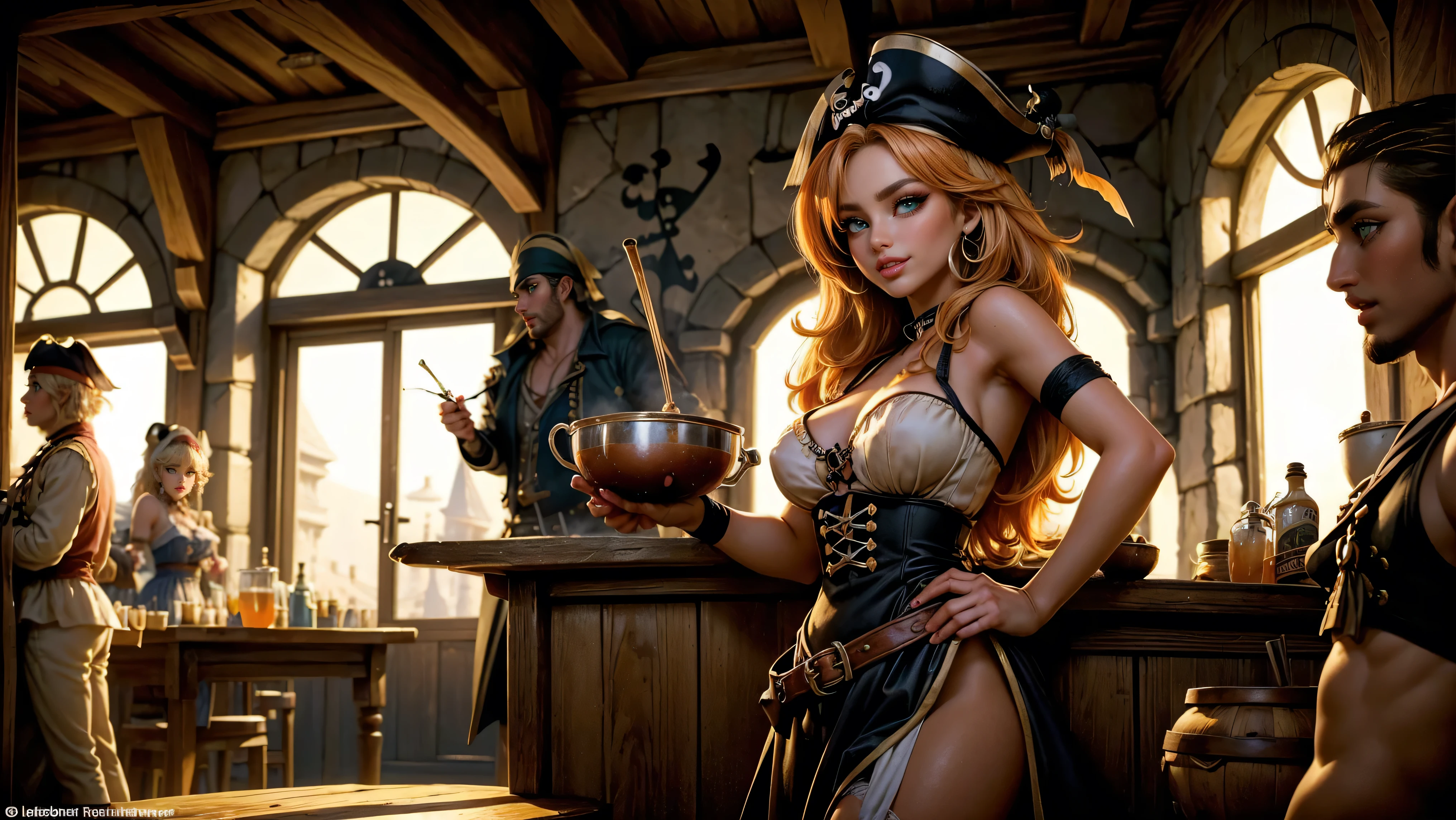 ((tavern and brothel filled with men)), ((1 redheaded tavern wench serving drinks to old pirates)), ((messy hair, orange hair)), ((1 serving girl)), ((solo girl)), ((ager)), (()), ((littlegirl)), ((Smiling)), ((little)), ((dark tan skin)), ((cute girl)), ((she is serving the pirates)), ((pirates are lusting after the girl)), ((pirates are large burly men)), ((pirates have dark hair)), ((men have blonde hair)), ((men wearing pirate cloths)), ((unshaven pirates)), ((she walks to the tables carrying tankards)), ((the men can't help but stare at her beauty as she walks by)), old tavern, pirate tavern, pirates holding and drinking tankards of ale,