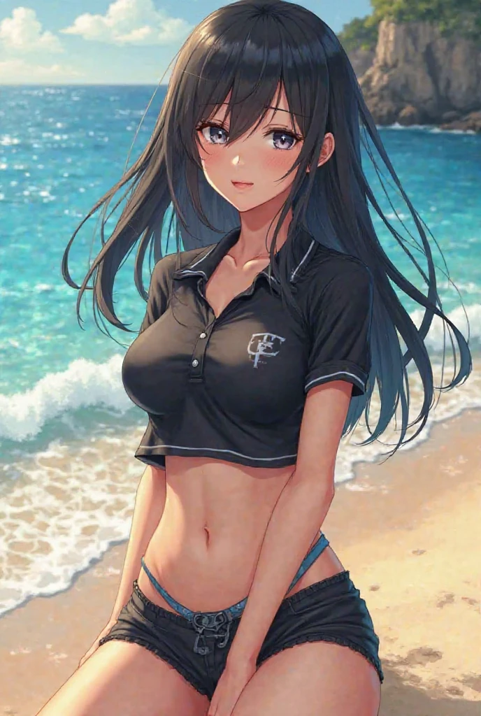 (8K、Highest quality、Highest quality、masterpiece)、Detailed face、One Girl、Spread legs、Spread Legs、(Brown Skin:1.2)、Blue and Long Hair、Blue Eyes、Sweat、Grin、(Black tank top、Denim hot shorts、Mini Shorts、Cameltoe)、Cameltoe、Beach、cloud、vagina、Innie Pussy, Partially Visible Pussy、Spread Vagina、spread pussy、belly button、Big Breasts、