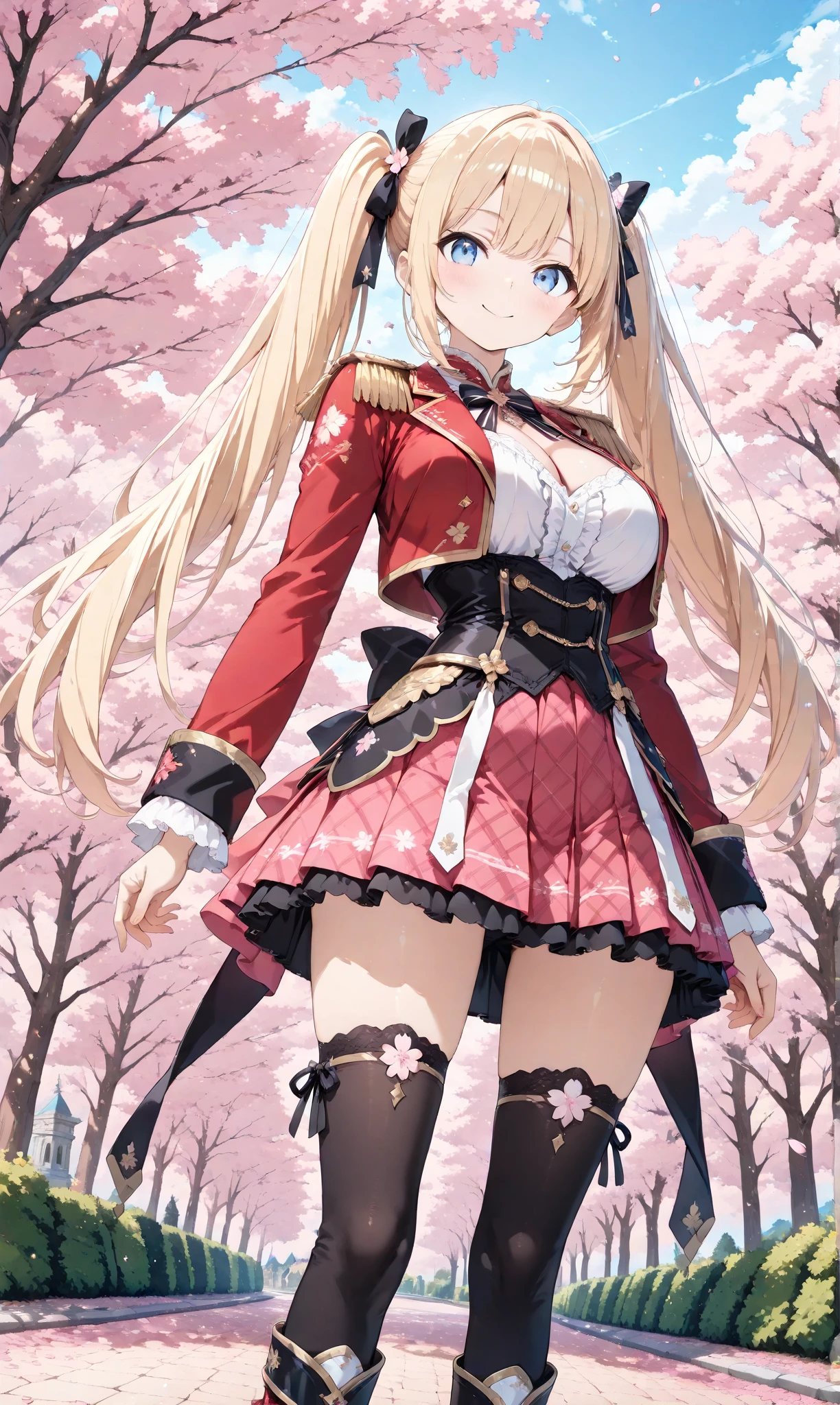 A high resolution,best qualtiy,the detail,8K quality,JK school uniform,Wear a cap,High ponytail,Golden hair,Full body photo,Sassy and heroic,Golden pupils,long whitr hair,athletic sneakers,Wear black stockings,slightly fat big breasts,Slender legs,Wear armbands,Under the cherry blossom trees,Japanese style,Tsundere,Wind Discipline Commissioner,B cup,Holding a kou manga,Royal sister,Ice clear and jade,Beautiful girl for high school students