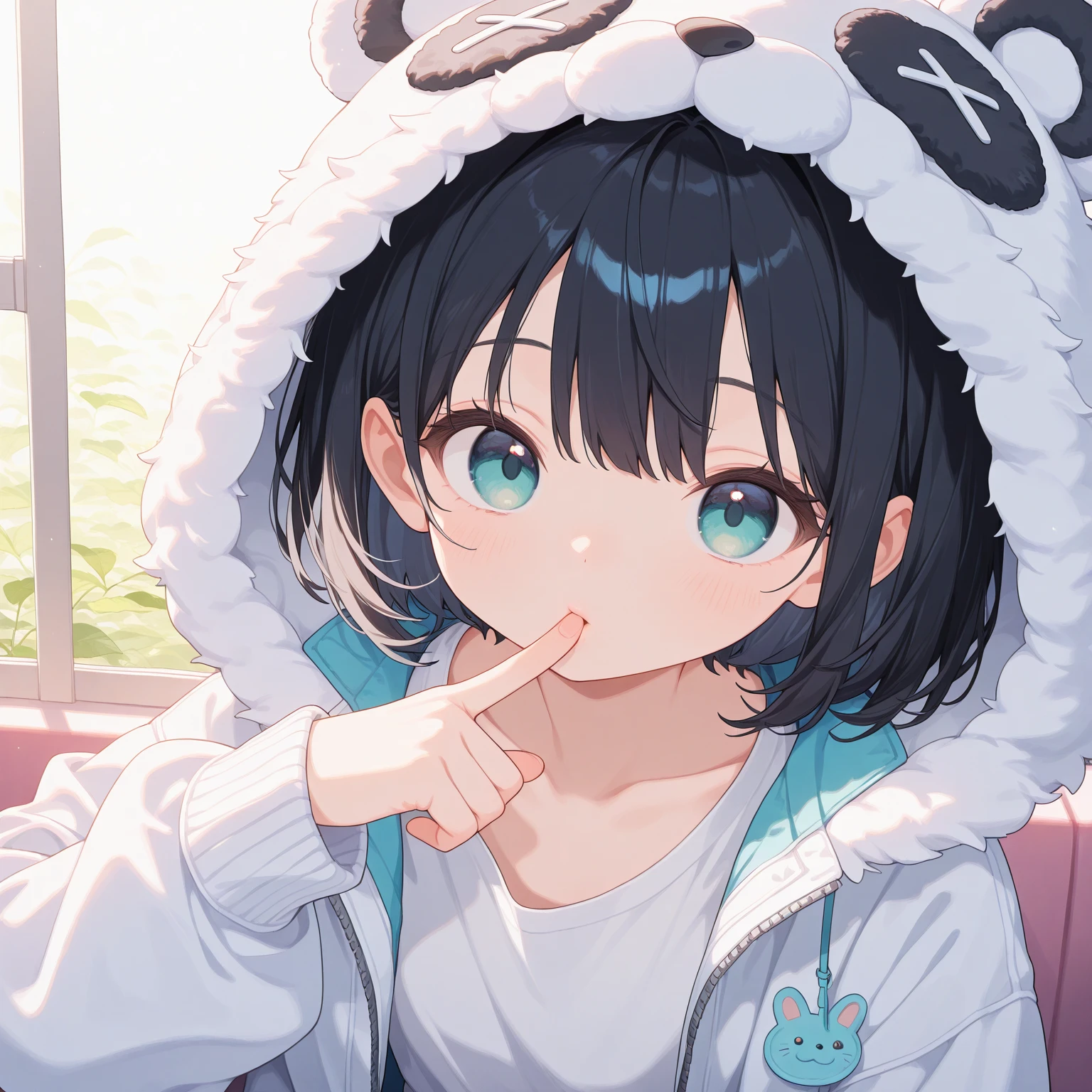 masterpiece、10 year old girl、Black Hair、short Hair、smile、(((panda pajamas, panda face hood)))、Focus on the face, ((make a V sign with your fingers)), casual room background