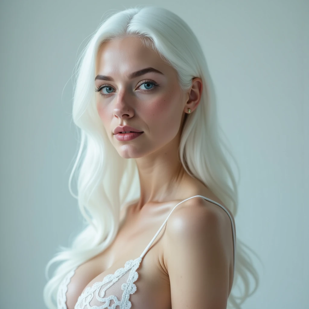 A young woman, large and white hair,  white pale skin, in lingerie, fullbody, front, sexy pose