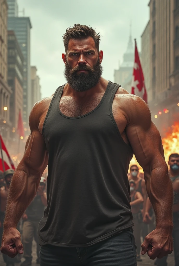strong muscular man, street angry, backpack, epic realistic, photo, faded, complex stuff around, intricate background, soaking wet, neutral colors, ((((hdr)))), ((((muted colors)))), intricate scene, artstation, intricate details, vignette