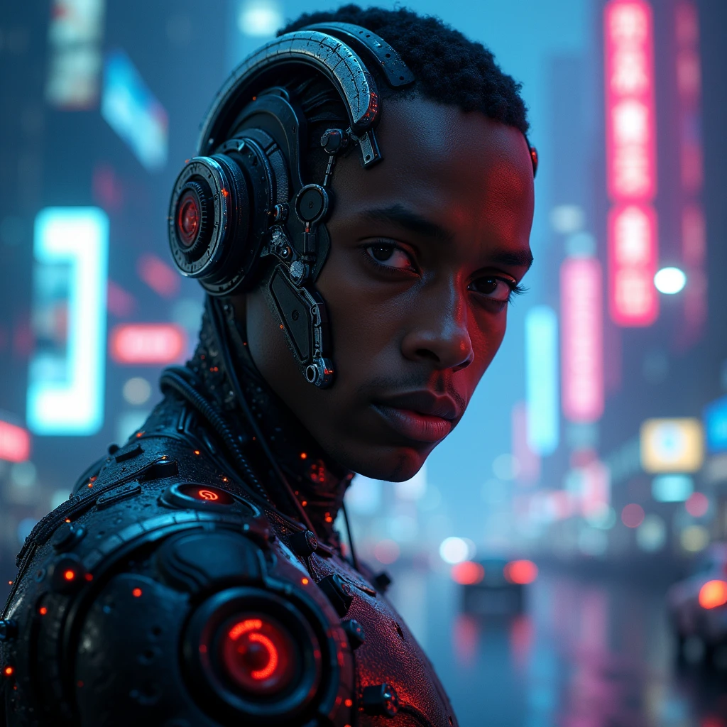 ((masterpiece, highest quality, hires, amazing detail, 8k, best quality, muted colours)), back view, rear upper torso shot of middle aged man laughing and turning to camera / will smith /, wearing highly damaged battlesuit, perfect facial hair, scars, cybernetic implants, prosthetics, mirrorshades, ((intricate details)) ghost in the shell, gantz, gritty, cyberpunk background, broken, dystopian,