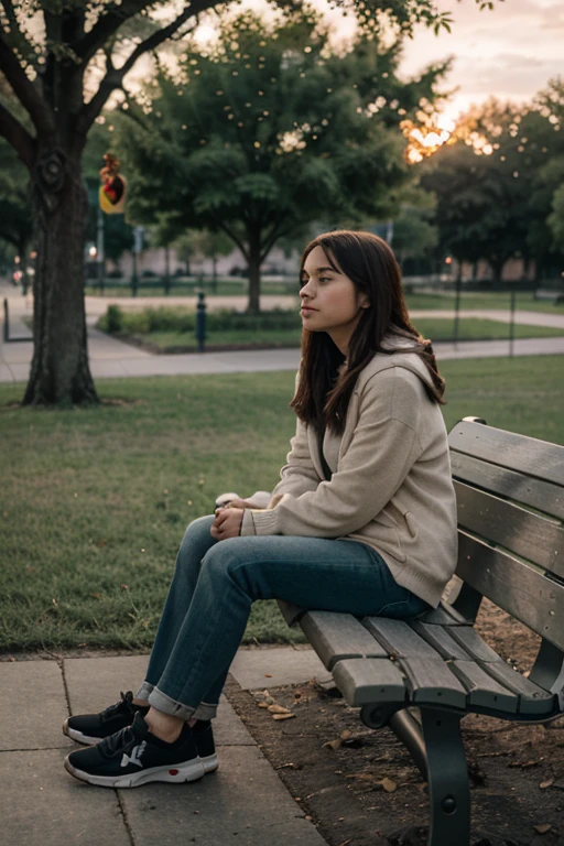 A young woman with a distant look, with messy hair and disheveled clothes, sits on a park bench. His expression mixes confusion and sadness, reflecting an internal struggle. The clasped hands suggest a search for stability amidst a whirlwind of thoughts and emotions. ao redor, Fallen leaves and a cloudy sky intensify the climate of uncertainty and introspection. Segundo um espelho de mão