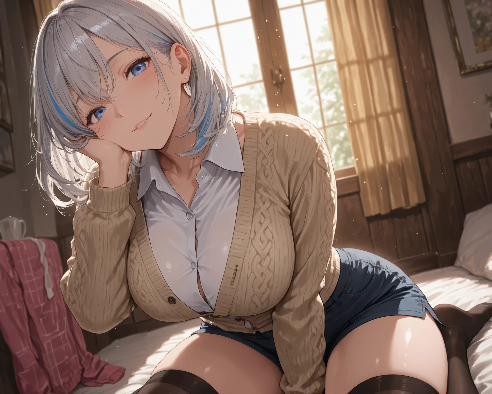 solo、close-up、mature woman、Full Cheek、very cute face、Tilt your head、 Silver Hair、blue streaked hair、wave hair、Medium Hair、Blue Eyes、Beautiful girl with a smile like a goddess 、curvy beauty、long sleeve、collared shirt、 buttoned cardigan 、shorts with r、thigh high socks、absolute region with to、indoors、living、 rugs to lay、 wariza, sit、 downtown、Greatest Masterpiece、Intricate Details、Extremely Absurd