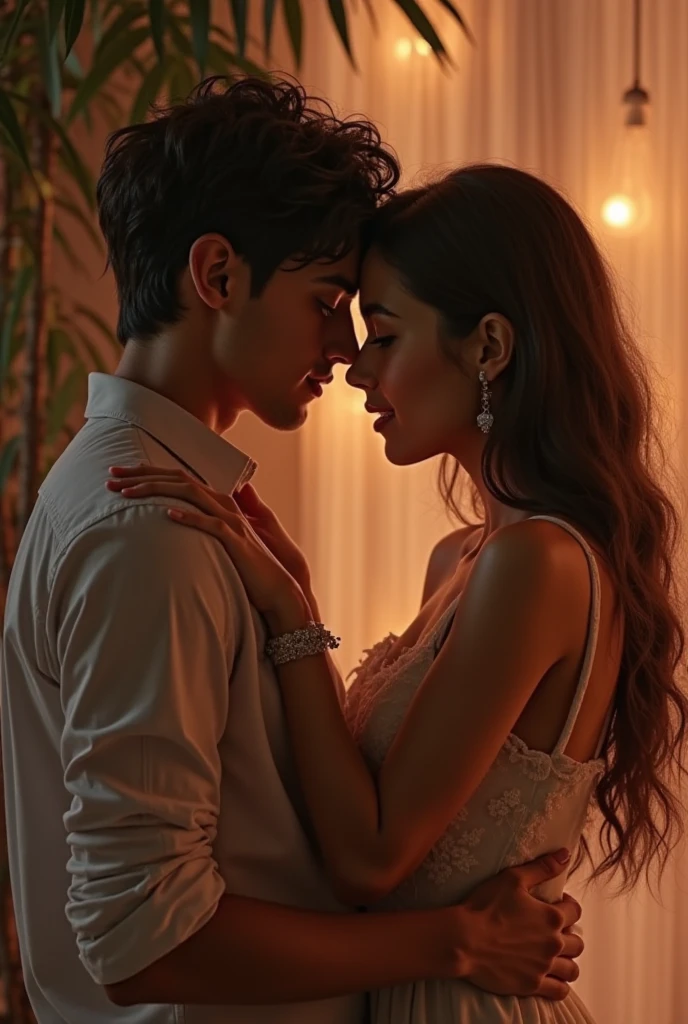 "In a dark, romantic setting, a man and woman are making out in a dark room. Their face is illuminated by soft, intimate lighting, revealing an expression of satisfaction and happiness. 4K resolution captures every detail, from the texture of the dress's fabric to the delicate play of shadows and light on the skin.