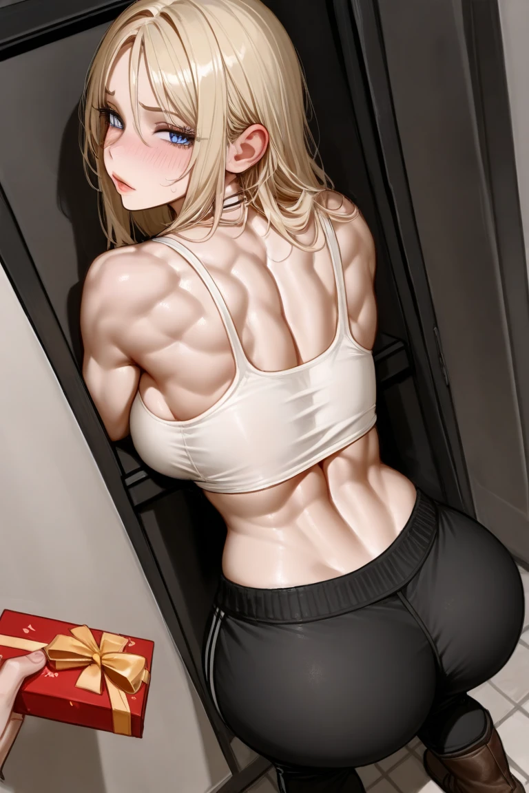 sensual, long blonde hair, thick thighs, 8k, 4k, highest quality, High resolution:1.2), cute anime face, noise reduction, shining blue eyes, gentle smile, kind eyes、toned abdominal muscles, muscular arms, muscular legs, young face, anime eyes, (((big breasts、A chest that is about to burst)))、(((bondage style)))、(((Rear view、I'll turn around、T-back song that bites into your butt)))、(Sophitia Alexandra)、lying in bed