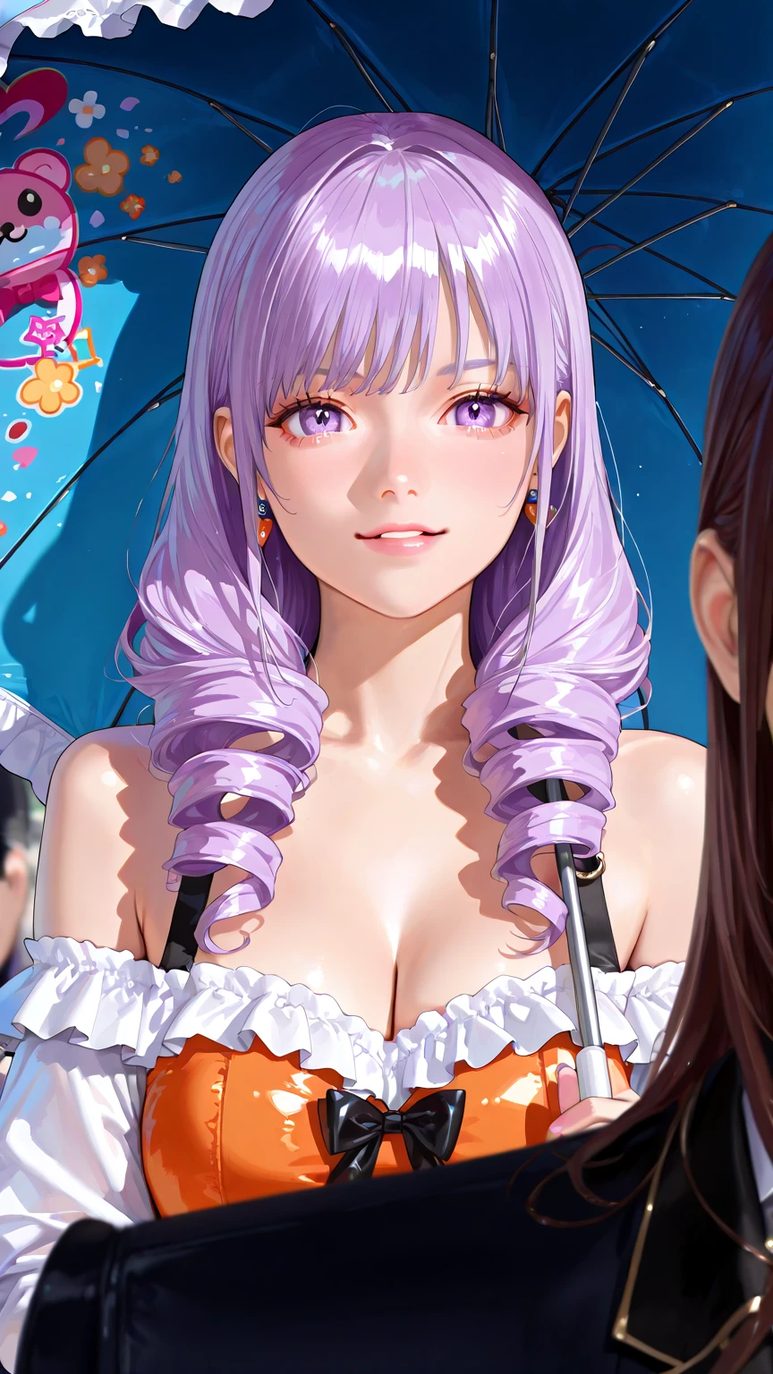 delicated face，4K, rainbow colour hair, double tails ,Lens flare, pink hair highlights,mascara, eyes liner, god light, 4K, 8K, Best quality, Masterpiece, ultra - detailed, intricately details, 1girll, Solo, Detailed, Detailed fuschia hair ++, Detailed pink eyes ++, Large breasts, Ray traching, perfect shadow, A high resolution, enhanced eyes, demon, Succubus, Thick, evil grin smile, poison fangs, Huge breasts, pigtails, Pig's tail, , full bodyesbian, SHEIN MOD DISI FLORAL PRINT BOW AT FRONT RUFFLED HEM SLIP DRESS