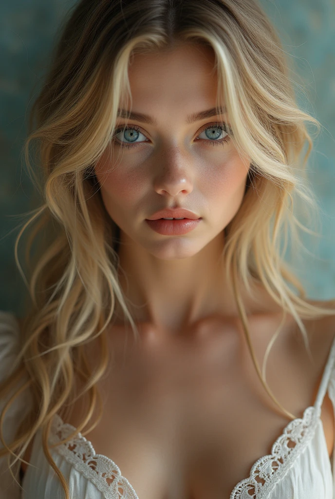 blonde girl, alone, (25 years old:1.3), beautiful lady, (Blonde extra long wavy hair:1.3), Detailed face:1.2), ((Detailed face features:1.3)), Delicate skin, pale skin, ((portrait:1.3)), wrapped in a silk cloth, Bedroom environment, (Lying in bed:1.3), (Cool color scheme:1.2), wet, Reflective surface, (current:1.3), (High resolution:1.3), ((Realistic:1.4)), masterpiece, real details, shallow depth of field, seductive, breast,