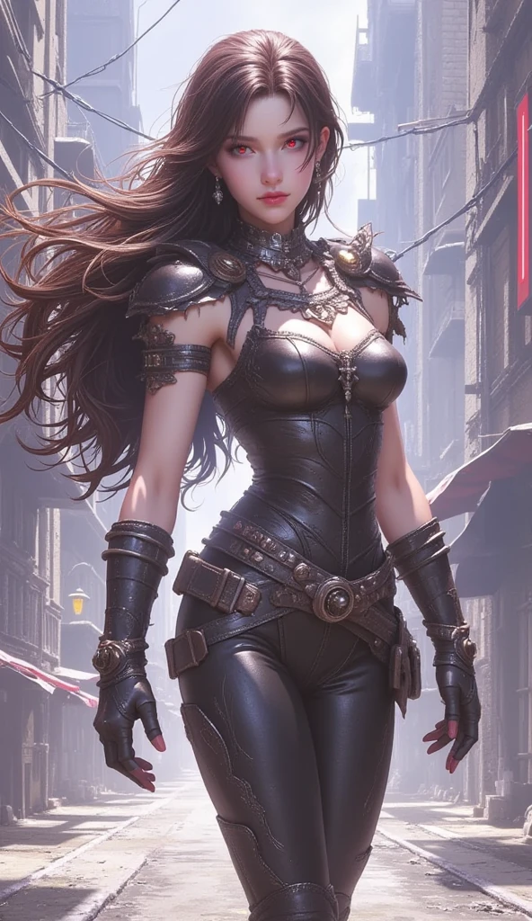 Imagen arafed de una mujer con una chaqueta de cuero posando para una foto., gothic city streets behind her, stylized urban fantasy artwork, Urban fantasy style, gothic fantasy art, Vampire fantasy, urban fantasy setting, seductive dark fantasy cyberpunk, karol bak uhd, Dark fantasy mixed with realism.., fantasia gotica, inspirado en Magali Villeneuve, gothic art