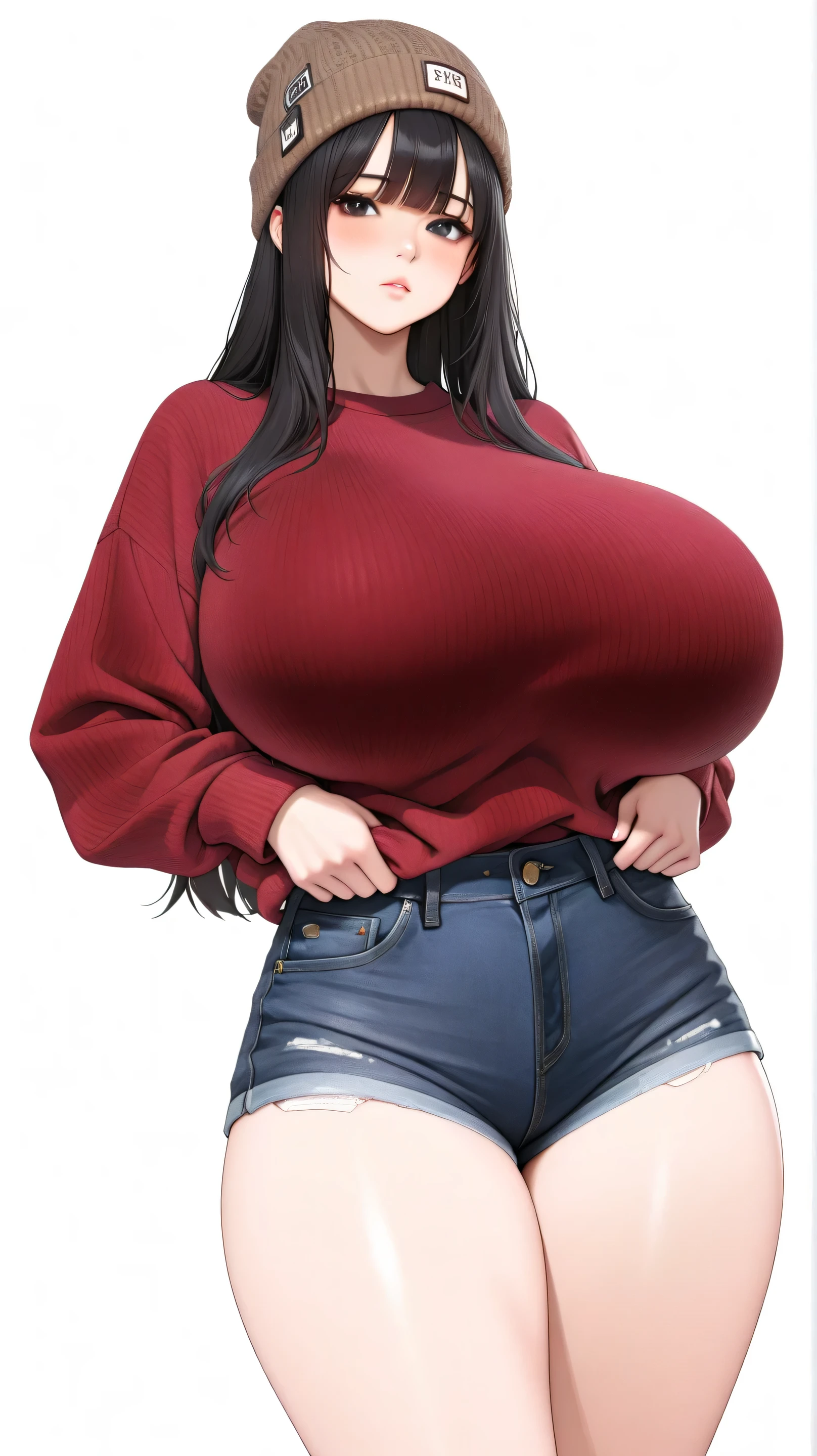 best quality, finely detailed eyes and detailed face), 정면, (1여자, 완벽한 얼굴), black_straight_hair, bangs, black_eyes, burgundy_sweater, brown_beanie, denim_shorts, front_view, korean, standing, alone, (((((huge_breasts, humongous_breasts))))), pretty, beautiful, cowboy_shot, looking at viewer, blush, simple_background, white_background