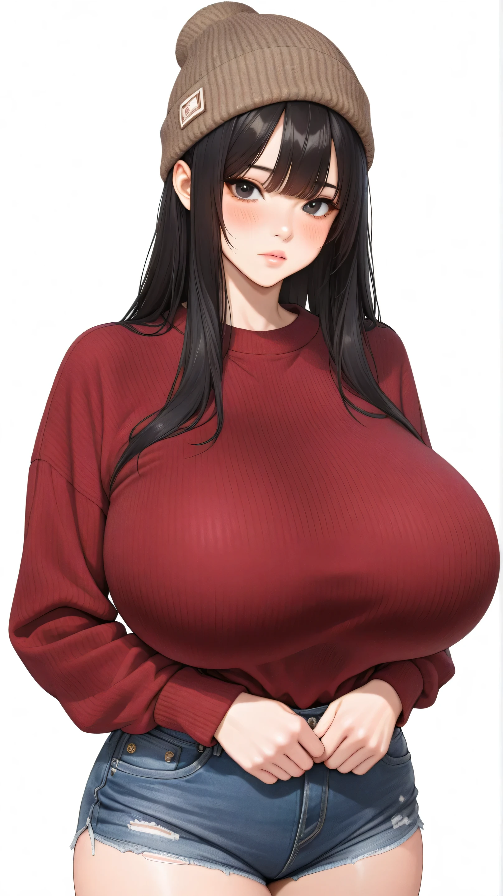 best quality, finely detailed eyes and detailed face), 정면, (1여자, 완벽한 얼굴), black_straight_hair, bangs, black_eyes, burgundy_sweater, brown_beanie, denim_shorts, front_view, korean, standing, alone, (((((huge_breasts, humongous_breasts))))), pretty, beautiful, cowboy_shot, looking at viewer, blush, simple_background, white_background