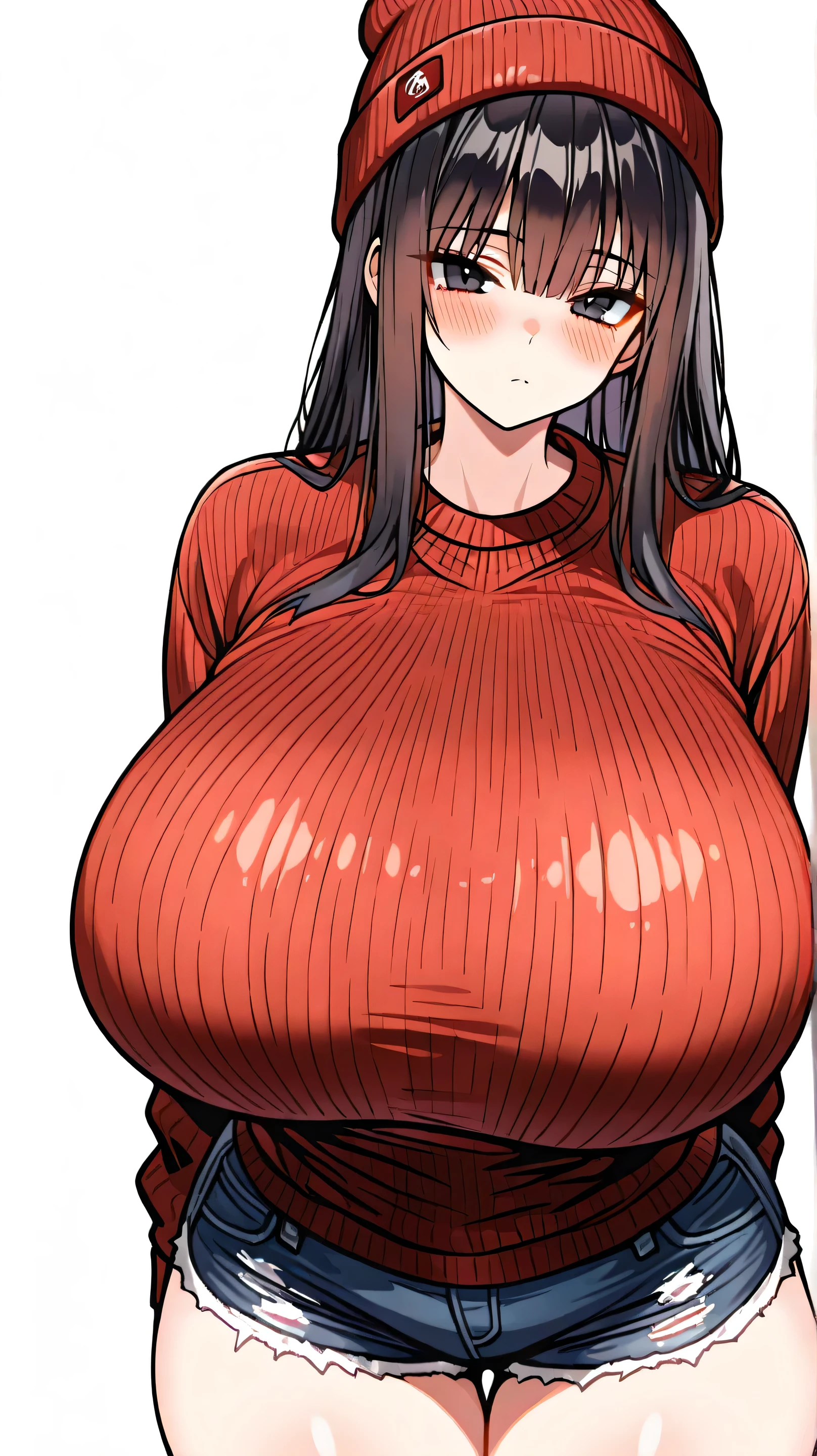1990s (style), 1980s (style), retro artstyle, Browsing Caution、Highest quality, masterpiece, Ultra-high resolution,Front view、1人のSweatをかいた母性的な女性, ((((Big Breasts、Huge breasts、Huge nipples:1.4))))、Parted bangs,Extra long wavy brown hair Highly detailed mean face, Close ~ eyes、Long eyelashes、Red cheeks、Sweat