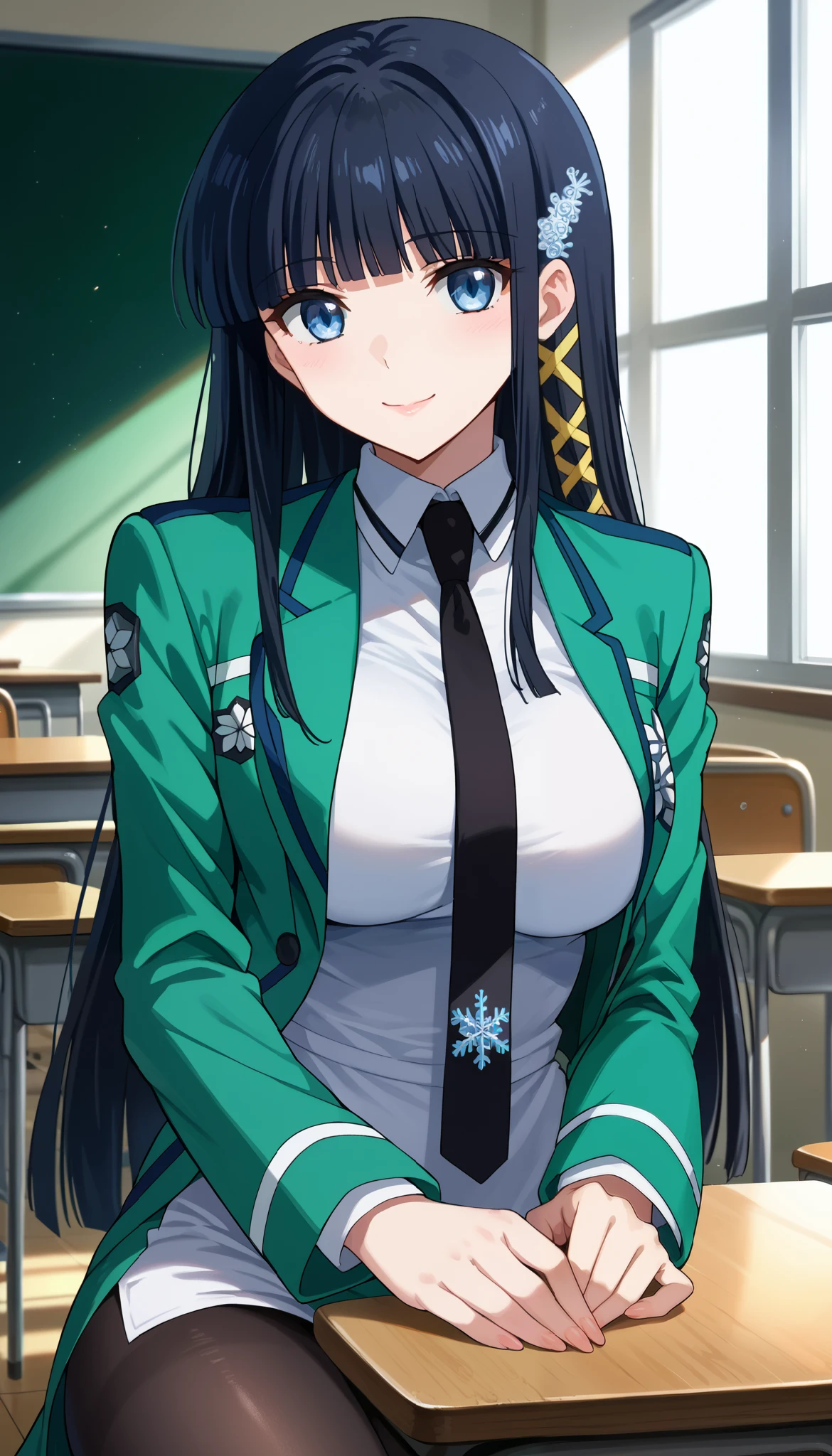 core_9, score_8_up , score_7_up , source_anime,4K, perfect fingers,(perfect hands, perfect anatomy),Aesthetic Anime Eyes,(feature large highlight:1.4),classroom,Alone,20 years old,adult woman,
miyukishiba, Miyuki Shiba, long hair, blue eyes, black hair, hair ornament, ribbon, hair ribbon, snowflake hair ornament, bangs, blunt bangs,Large Breast,Puffy Lips,sitting,美しい足,
wearing ,long sleeves, green short jacket, school uniform, pantyhose, necktie, (white long dress), (side slit:1.2),black necktie,View your viewers, smile,