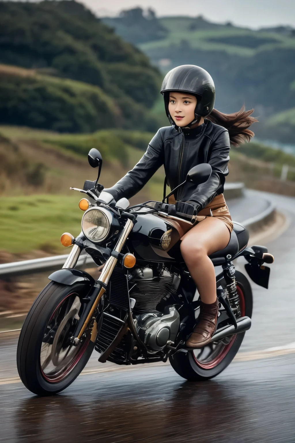 (A young female rider speeds along on a motorcycle)、Vintage Bikes、Bluff Superior SS100、Isle of Man Races、Leather jumper、Cromwell helmet with goggles、After the Rain、English countryside、(Highest quality, masterpiece, High resolution)、8k、wallpaper