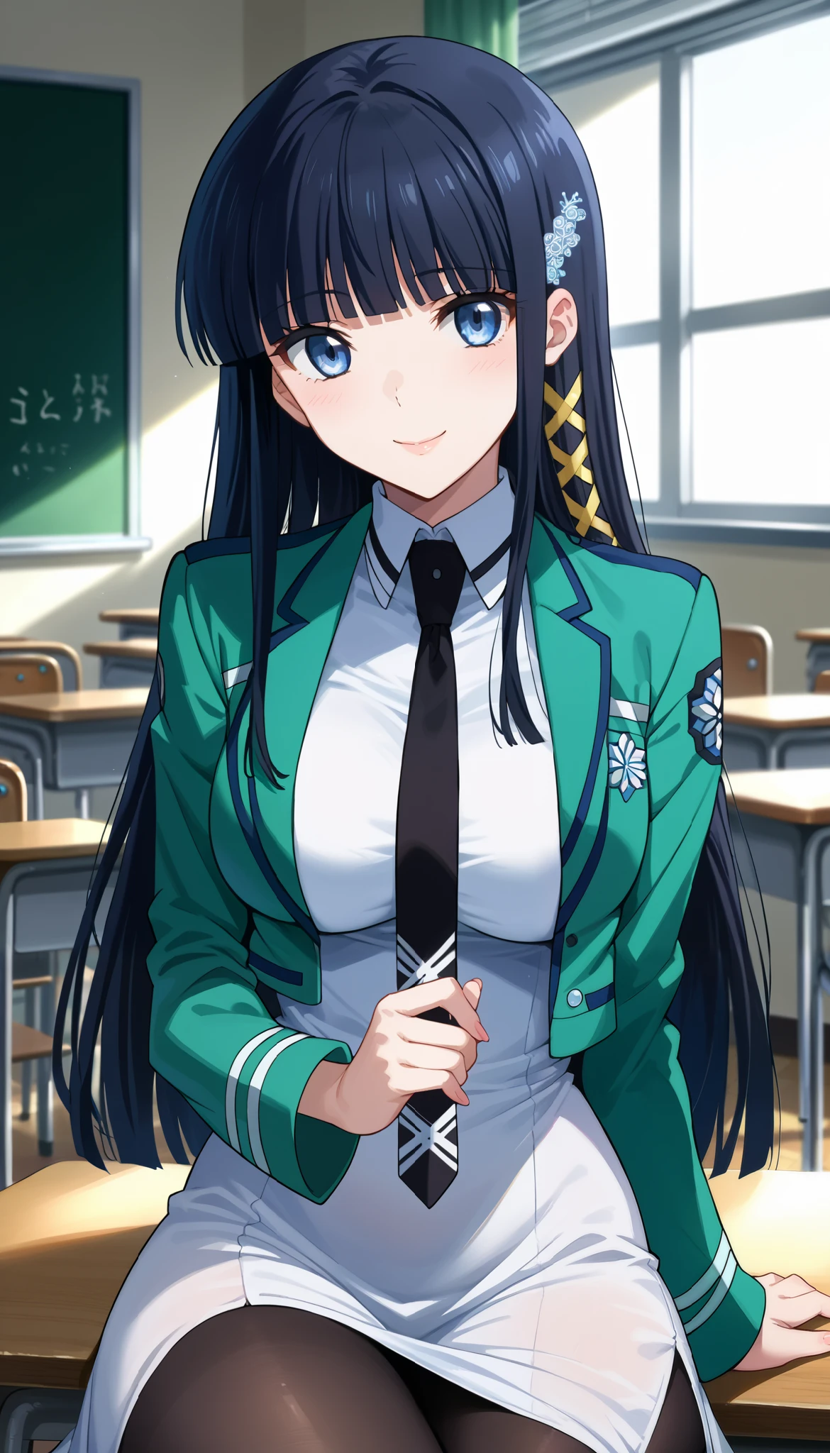 core_9, score_8_up , score_7_up , source_anime,4K, perfect fingers,(perfect hands, perfect anatomy),Aesthetic Anime Eyes,(feature large highlight:1.4),classroom,Alone,20 years old,adult woman,
miyukishiba, Miyuki Shiba, long hair, blue eyes, black hair, hair ornament, ribbon, hair ribbon, snowflake hair ornament, bangs, blunt bangs,Large Breast,Puffy Lips,sitting,美しい足,
wearing ,long sleeves, green short jacket, school uniform, pantyhose, necktie, (white long dress), (side slit:1.2),black necktie,View your viewers, smile,