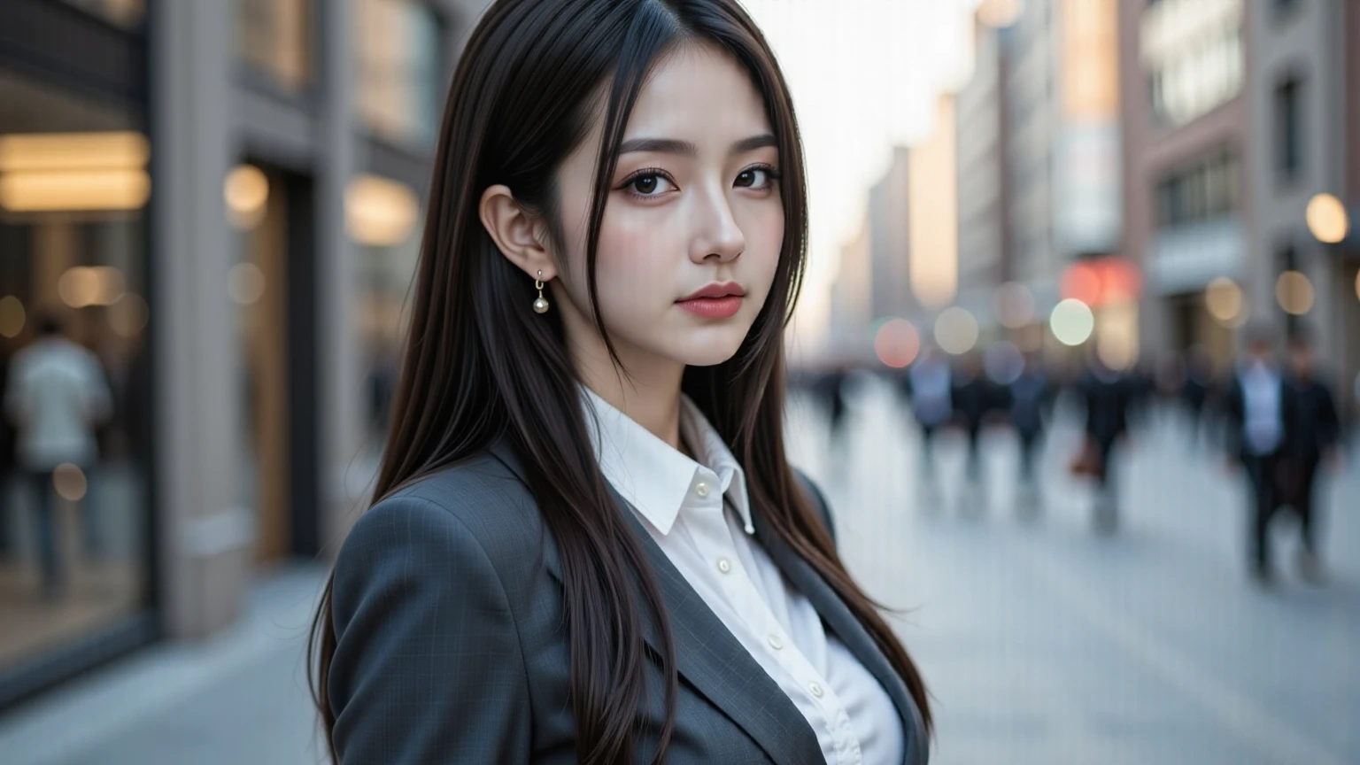 Best-quality, Masterpiece, Ultra-High-Resolution, (Photorealistic:1.4), Raw-Photo, 1girl, 18-years-old, the most famous Japanese actress, sunny-day, at HIROSHIMA street, wearing extremely luxurious business-suit, ((extremely beautiful face like the most popular Japanese actress, ((extremely beautiful big-black-eyes)), extremely beautiful hair, extremely beautiful lips, extremely beautiful skins)), detailed sunny-day, detailed HIROSHIMA-street, detailed extremely-luxurious-business-suit