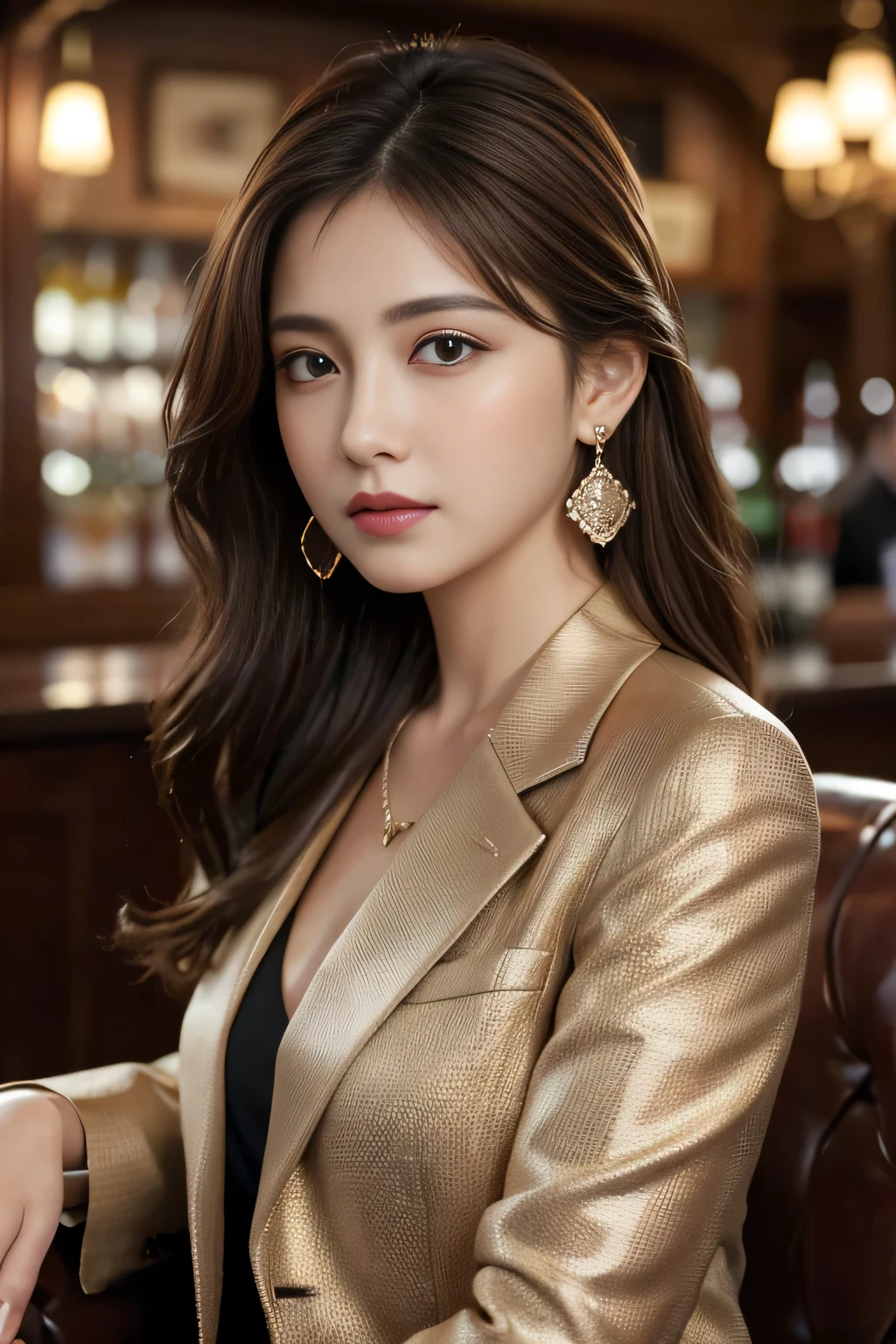 masterpiece, Highest quality, Realistic, Very detailed, Finer details, High resolution, 8k wallpaper, One beautiful woman,Wear a nice suit, In a great restaurant, At night, Light brown messy hair, Perfect dynamic composition, Beautiful and beautiful eyes、Big earrings、Sit on a chair