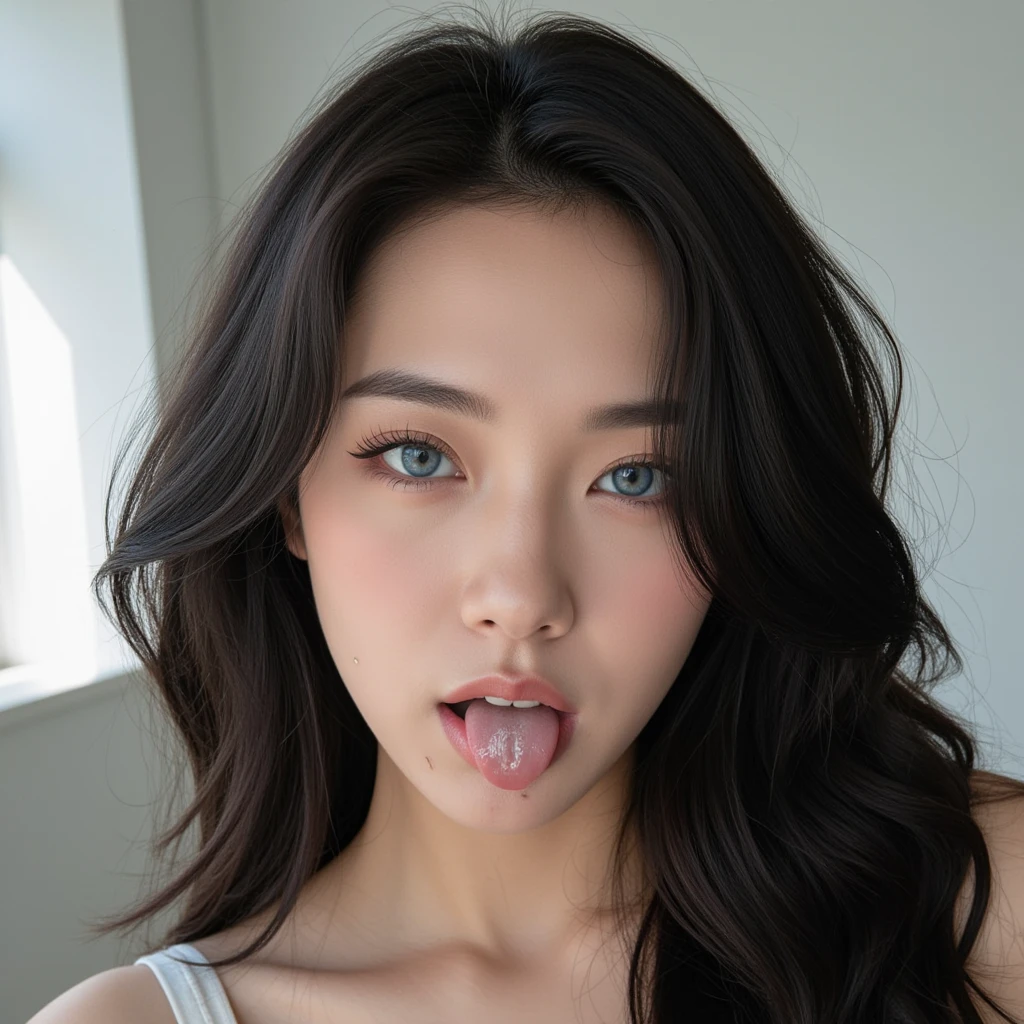 ,1 girl、Taylor Hill、1 girl、超High resolution, retina, Accurate, masterpiece, Anatomically correct, Super detailed, Textured skin, Attention to detail, high quality, High resolution, 8k、、Big double eyes、nose、The focus is on the mouth、close-up focus on face、Woman with open mouth and closed eyes、18-year-old、Black Hair、tongue out, tongue, Saliva trace, Drooling, Ahegao, long tongue, Verbal invitation, Pulling the hair back, Gray background,Half Backlight,