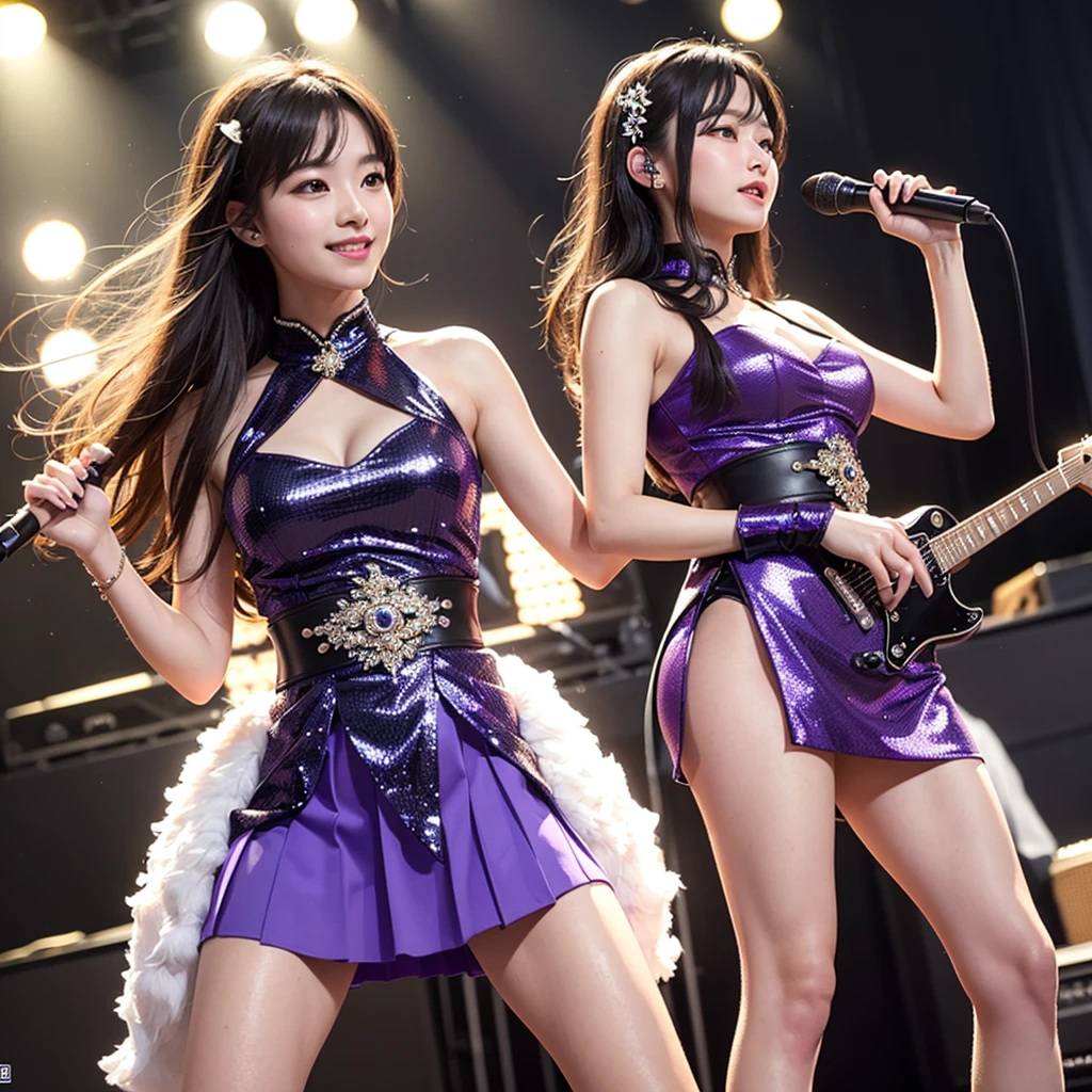 ((super high quality、High resolution、masterpiece、 Anatomically correct、Highly detailed photos、Ultra-realistic photos、 Highest quality))、(((((One person)))))、View your audience、Live Stage、Spotlight、(Cowboy Shot)、(Idol Costumes:1.2)、(Huge breasts:1.2)、Tight waist、Detailed face、Perfect figure、Black Hair、(Vulgar Idol、Vulgar costumes:1.8)、tiara、Lots of jewellery accessories、Lots of necklaces、Big Buckle Belt、