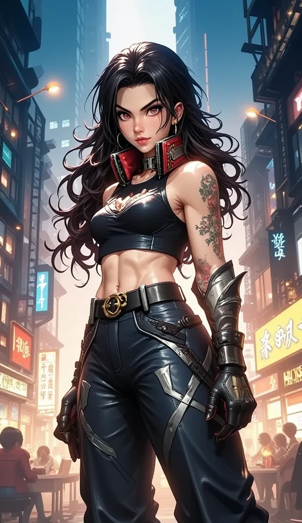 (score_9, score_8_up, score_7_up, score_6_up), (adult, seductive face, seductive expression), solo, full body, long black hair, hair over eye, toned  abs, big breasts, eyepatch, red eyes, red lips, goth girl, leather jacket, bra, thong, unzipped leather pants, sandals, rustic town, source_anime, rating_explicit 