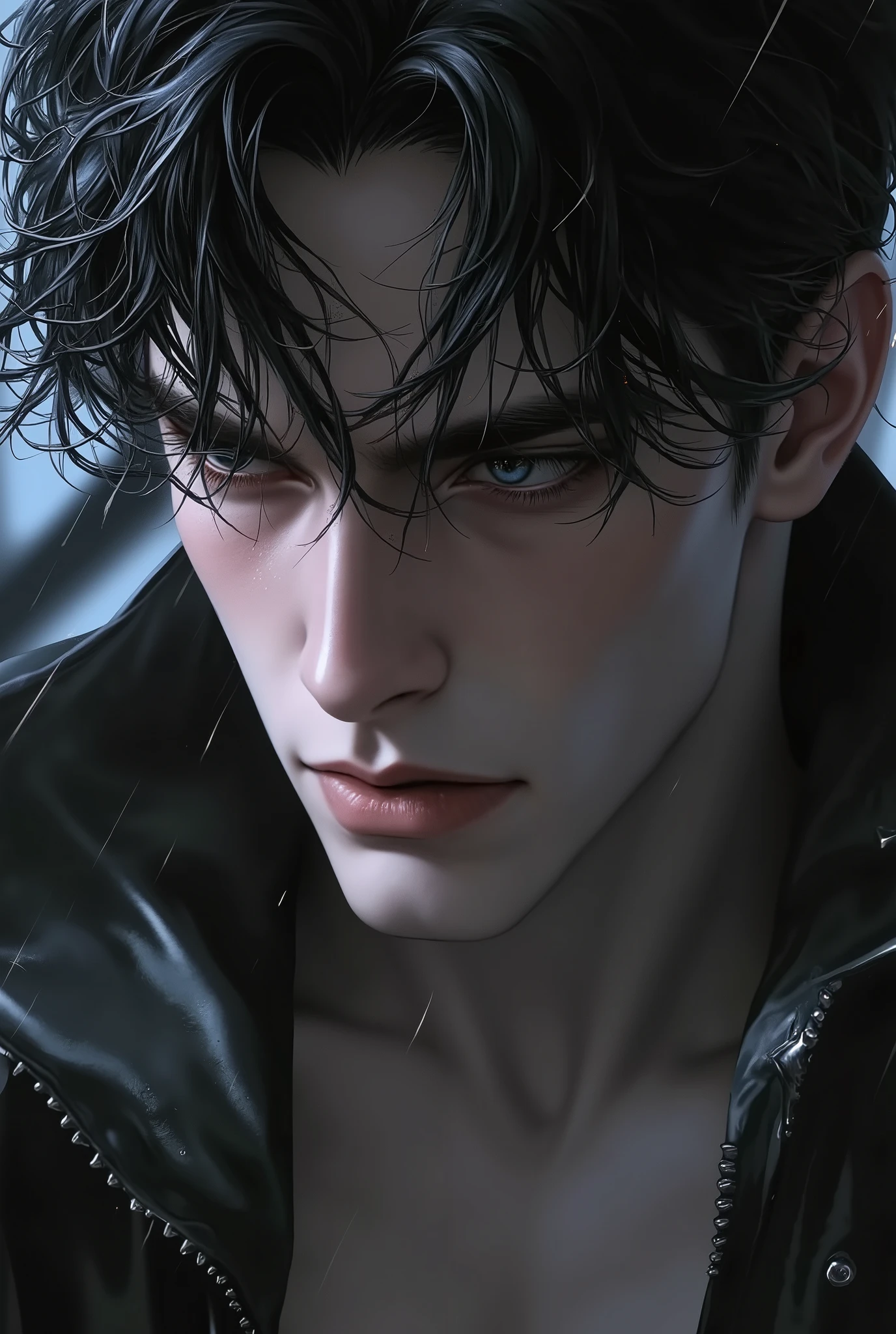 8K, complex, elegant, altamente detallado, majestic, digital photography, Surreal painting, Defeat the magic, Sinuous Lightning, ( masterpiece , side light, Fine and beautiful eyes: 1.2), hdr, (Brilliant blue eyes)), Bare upper body , (bright tattoo), handsome boy, can, musculature, black skin, demon horn, It is raining, handsome, in front of camera, masterpiece
