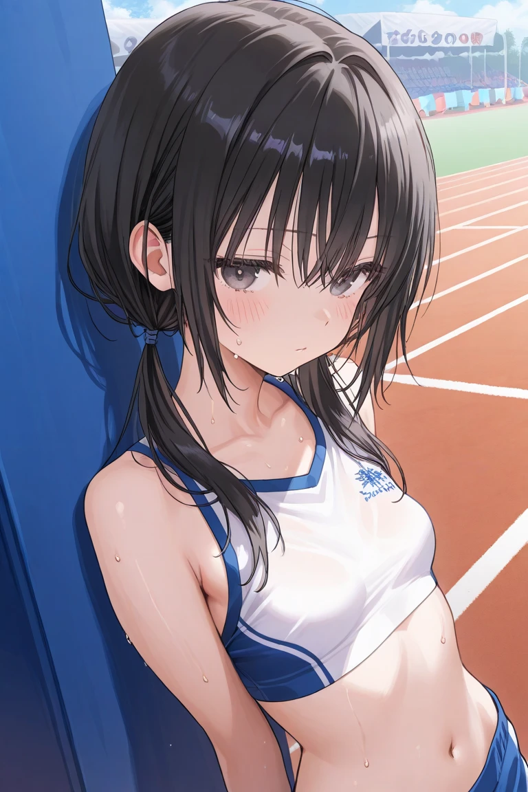 高いquality illustration, masterpiece, Very delicate and beautiful,Slender body,slim,Beautiful Eyes,(masterpiece, Highest quality:1.2), High resolution, Highly Detailed CG Unity 8K Wallpaper, Perfect lighting、Painted from the front、Very young girl、Navy blue sports uniform、navy blue sportswear、((Navy Blue Marascular))、Black Hair、short hair、Short Hair、smile、Athletics Stadium、Track and Field、Track and field club、((semenをNavy Blue Marascularに掛ける))、semenを体に掛ける、((semenを掛ける))、(thigh)、belly button、((penis))、((ejaculation))、((semen))、((Facial))、((大量のsemen))