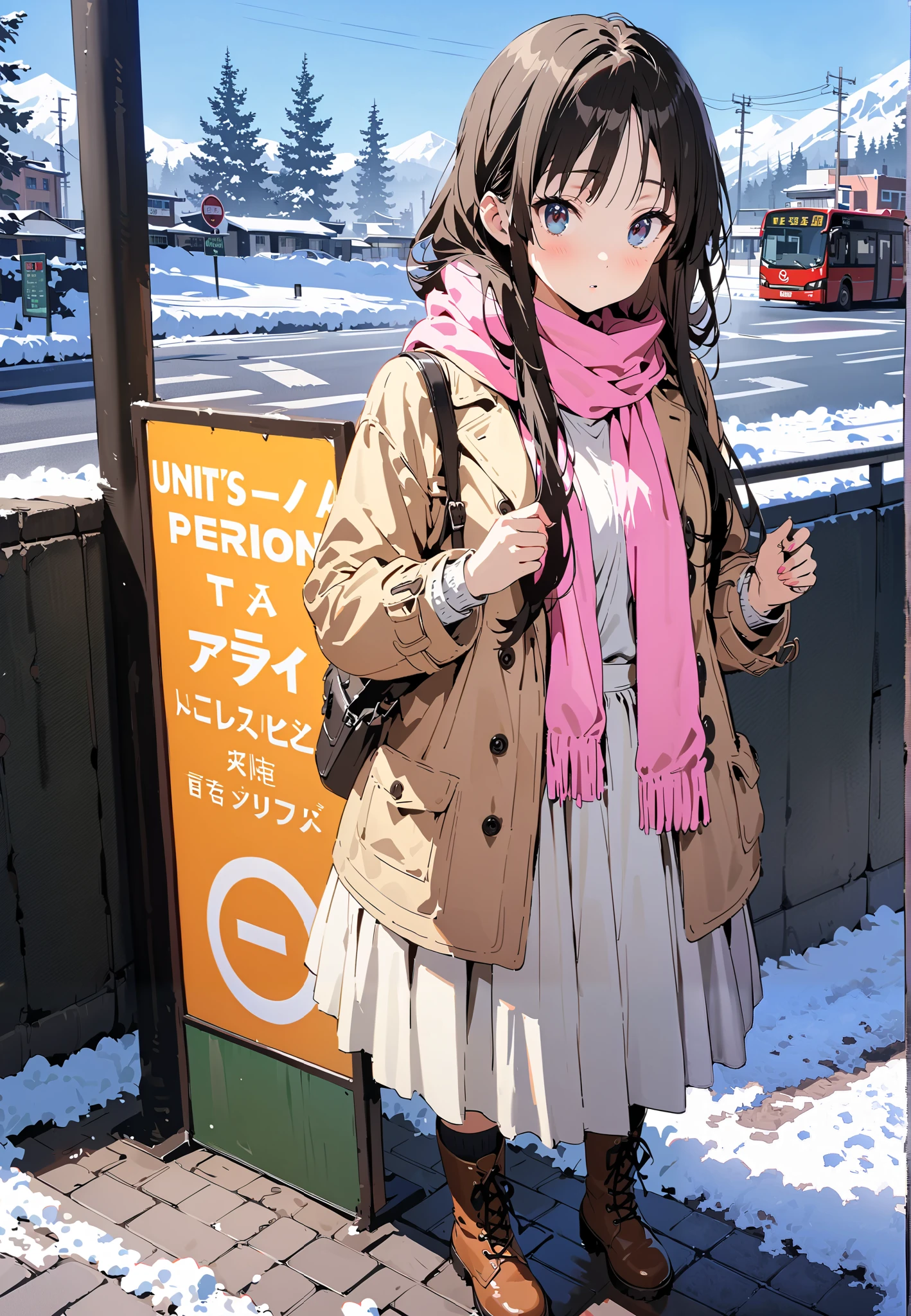 mioakiyama, Mio Akiyama, long hair, bungs, black hair, dark eyes, Princess Cut,long skirt hair
blushing,white breath,duffle coat,(sweater  :1.2),( turtleneck:1.2),Pink scarf, white long skirt,boots,clothed,winter,snow,Beautiful Scenery,full bodyがイラストに入るように,break outdoors,bus stop,
break looking at viewer,full body,
break (masterpiece:1.2),top quality , kampala,Unity 8k Wallpaper,(shape:0.8),(  fine, beautiful eyes  :1.6),It's a person ,full body写真,CG Details , (perfect hands,complete anatomy),