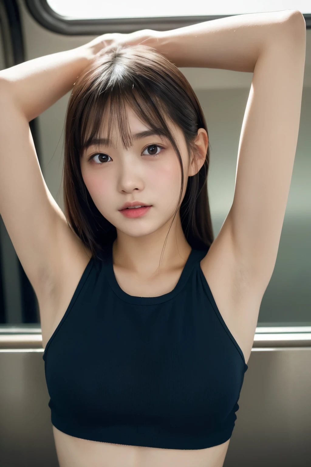 Hinata from Naruto Shippuden, UHD Hinata, UHD Hinata Byakugan eyes, Sleeveless top, Arms up in the air, UHD armpit details, UHD Face details, UHD underarms, Leaf village, big breasts