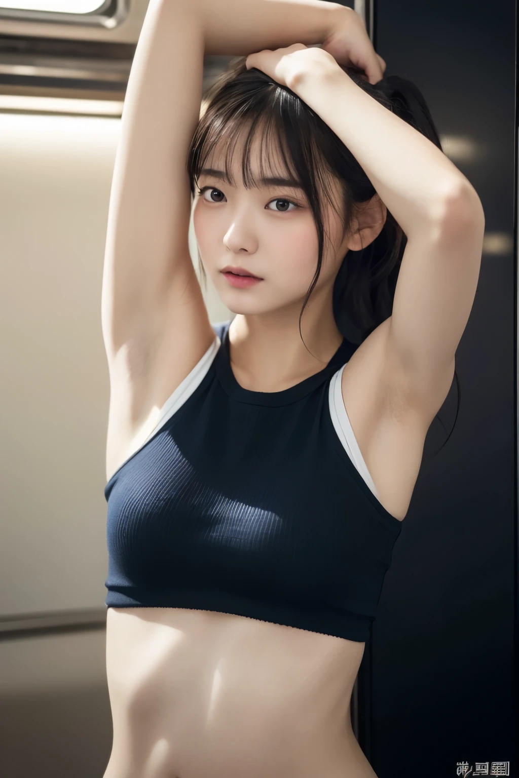 see-through tops、big breasts、camisole、(背景にwhite wall、Part of her hair is sky blue:1.4)、white wall、Taken in front of the white door、(窓のあるwhite wallの部屋)、((highest quality、8k、masterpiece:1.3))、ultra high resolution、(photogenuineistic:1.4)、RAW photo、Japanese,(face)、genuine、Photographed in natural light、Highly detailed face and skin texture、highly detailed lips、correct state of the human body、medium hair、black hair、various poses、natural color lip