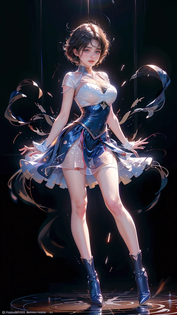 Hair blue gradient blonde, lifting mini skirt, chillerism, teeth, night sky, from below, beautiful healing face, crystal eyes, cleavage, garter belt, closed high heels, inner, face focus, shiny skin, game CG, nearby sky, moonlight, red moon, white shining high heels, mini dress glass magical girl beauty, intricate surface details, crystal core, Ethereal fantasy, real, fiction, Full HD, 8K photos