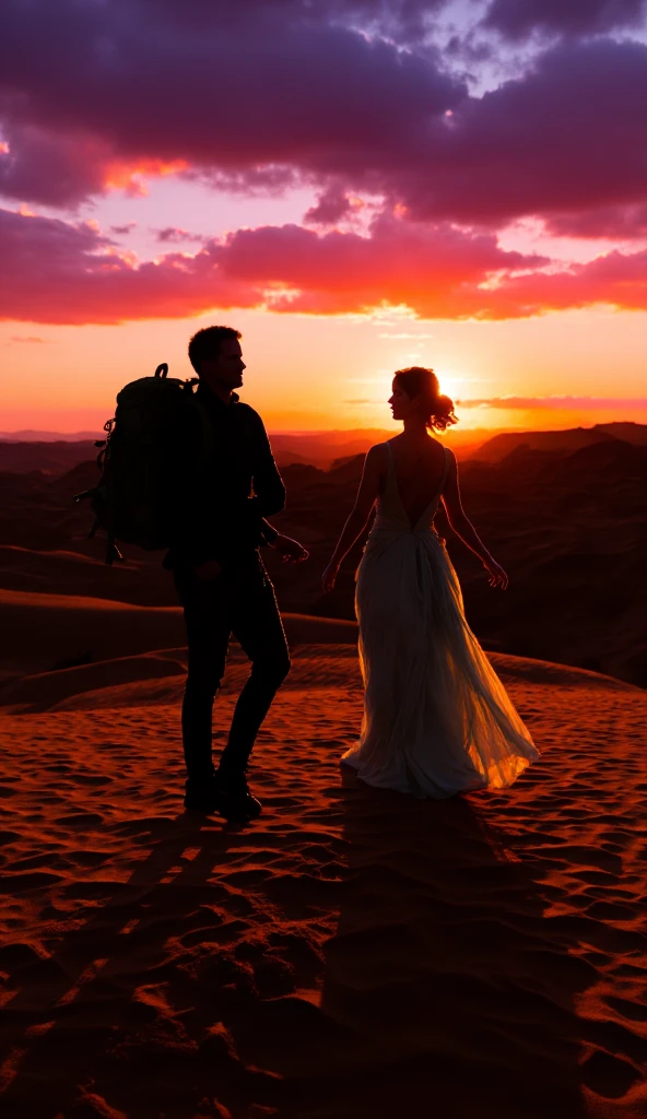 couple, in Diverse beauty’s portrait Doppler effect's Vertical And parallel journey Of desert lights so bright, photorealistic, surreal realism, high quality, UHD, 4k