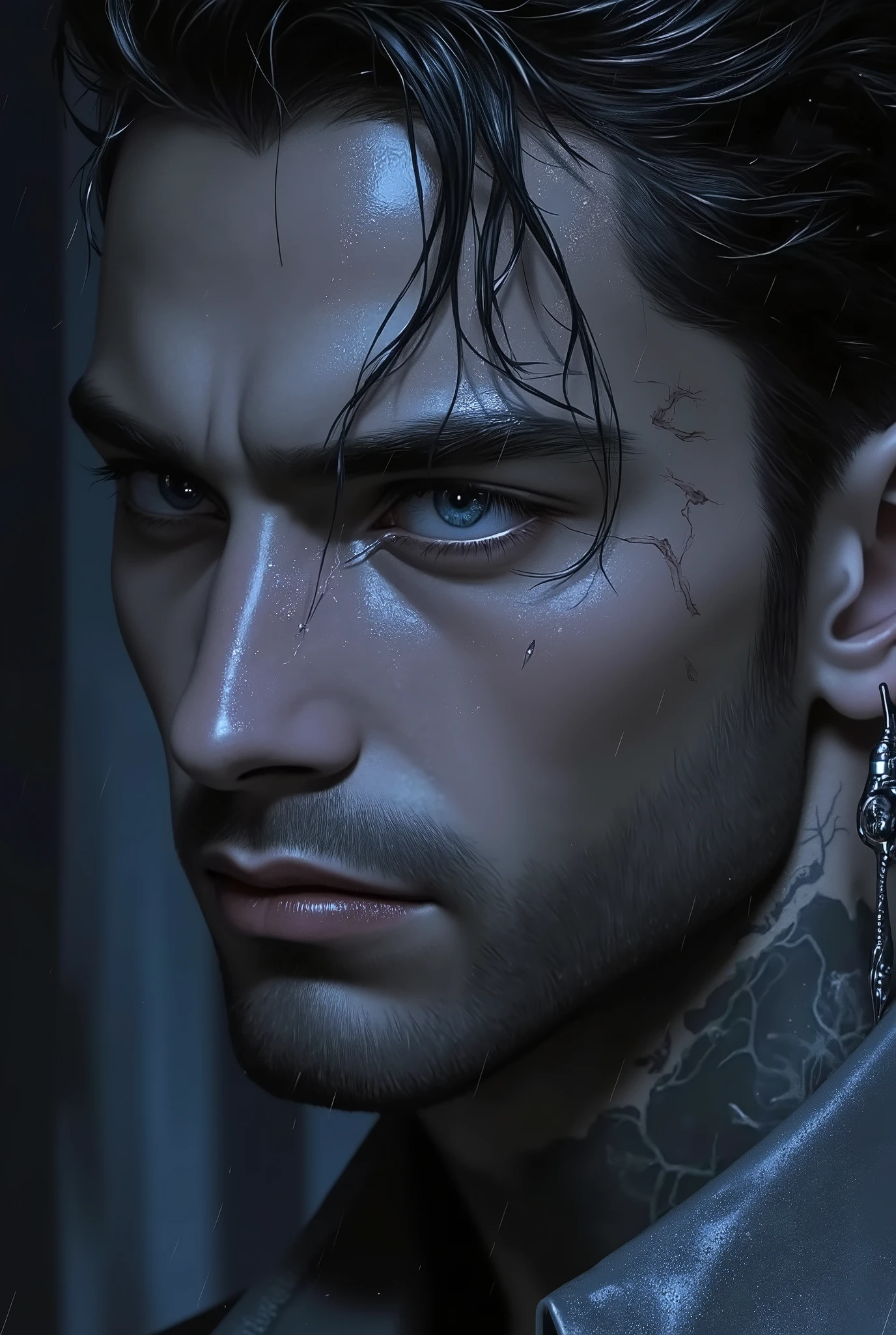 8K, complex, elegant, altamente detallado, majestic, digital photography, Surreal painting, Defeat the magic, Sinuous Lightning, ( masterpiece , side light, Fine and beautiful eyes: 1.2), hdr, (Brilliant blue eyes)), Bare upper body , (bright tattoo), handsome boy, can, musculature, black skin, demon horn, It is raining, handsome, in front of camera, masterpiece