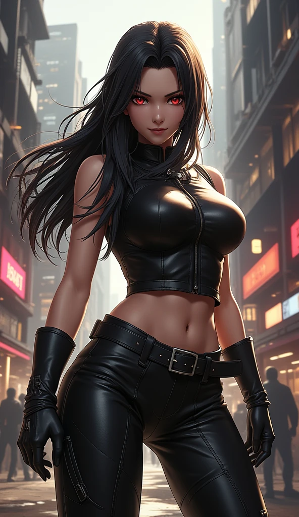 sfw, (sfw, Henry Side-Profile, Long Hair, Rugged, Dynamic Pose, Deep Squats, Heavy Streetwear, Crumbling Giant Castle Wall in the Background, Symmetrical Eyes, Symmetrical Face, Long Black Hair, Standing on a Wet Street, Rainy Background, Sharp Focus, Highly Detailed, Cinematic Lighting, Studio Quality, Chiaroscuro, Smooth Render, Octane, Rendered) A young Asian girl with a skinny waist and big breasts is captured in a dynamic pose, deep in a challenging squat. She sports a rugged style, adorned with heavy street、 wearing bra,((skinny waist)), young asian girl, ((big breasted)),