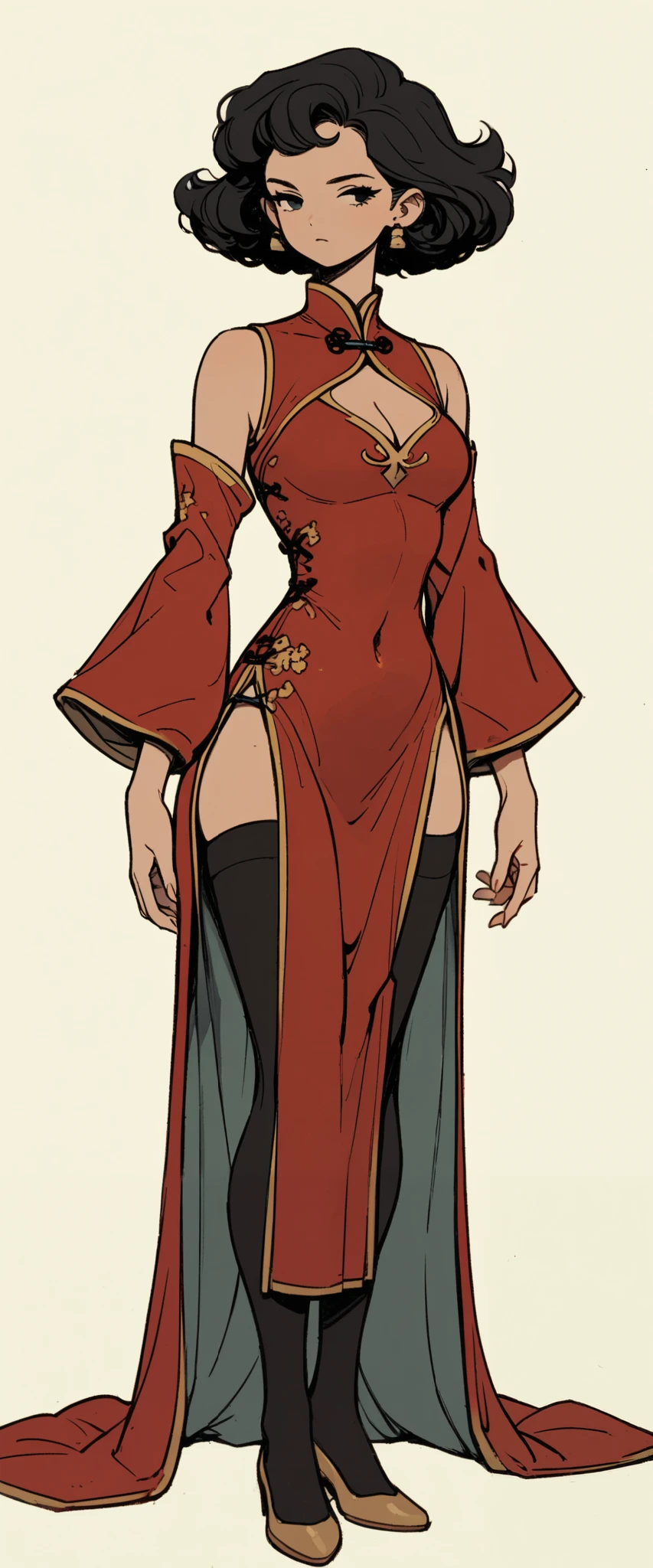 u1u1_v1,Vintage_v1, 1girl, breasts, solo, dress, full body, thighhighs, chinese clothes, detached sleeves, short hair, china dress, black hair, pelvic curtain, looking at viewer, white background, simple background, bare shoulders, cleavage, standing, cleavage cutout, covered navel, red dress, wide sleeves, closed mouth, clothing cutout, large breasts, long sleeve, black thighhighs, medium breasts