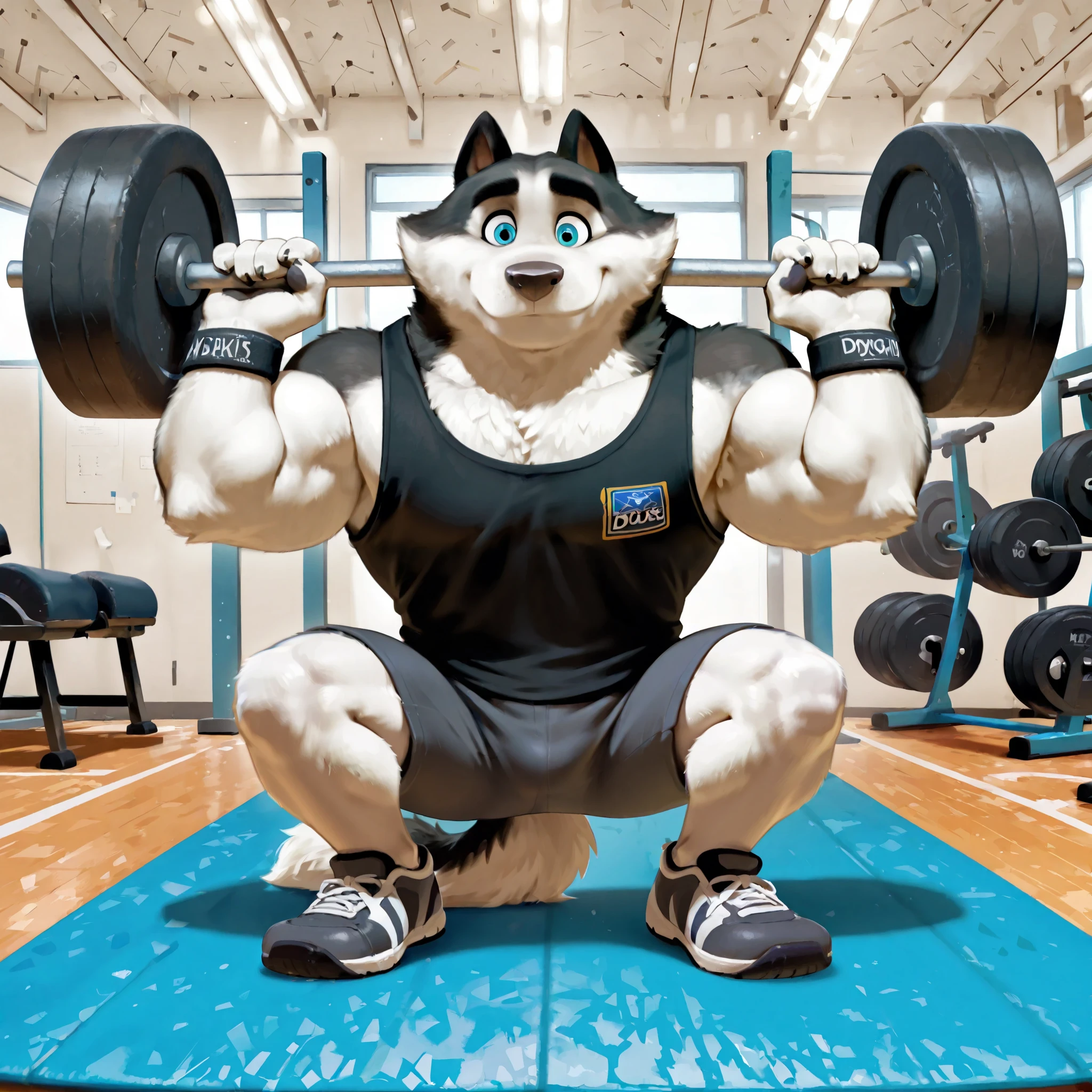 Duke (Arctic Dogs), anthro dog, black fur, white fur, male, blue eyes, high quality, full body, focus on heavyweight squat, heavyweight barbell, solo, gym background, thick arms, muscular, black tank top, dark gray gym shorts, wristbands, gym shoes, squats, working out,