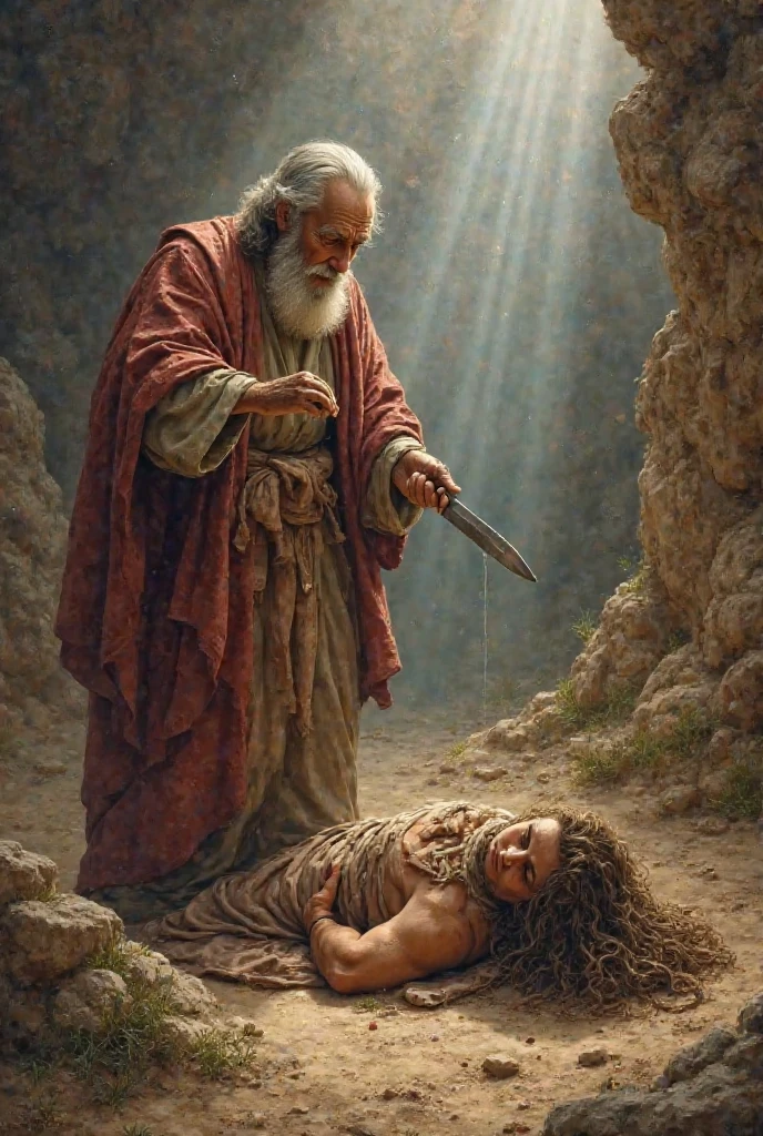 "Create a highly detailed digital artwork depicting the biblical scene of Abraham about to sacrifice his son Isaac. The setting is dramatic and filled with tension. Abraham, an elderly man with a serious expression, holds a knife raised above Isaac, who is lying on a stone altar with his hands bound. The environment is barren, with a dark sky that adds to the intense atmosphere. In the background, a subtle silhouette of a ram is visible, standing near a bush, symbolizing the divine intervention. The image should focus on the intricate details of the characters' clothing, the textures of the stone, and the emotional expressions, all rendered in a realistic, high-definition digital art style."