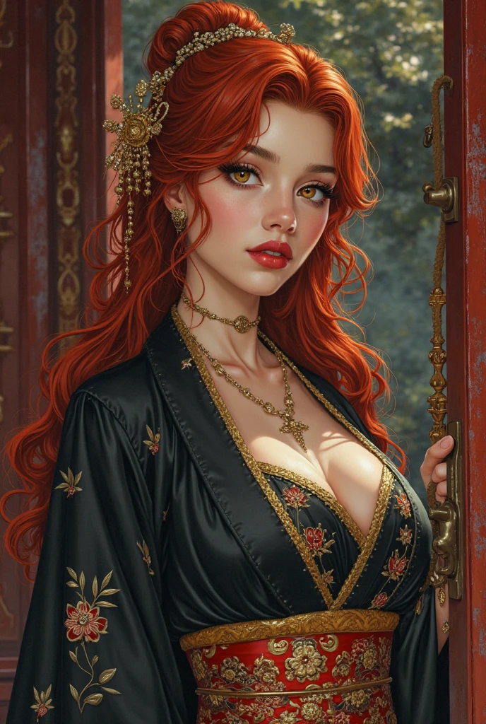 portrait shot, ((vivid red hair)), mature woman, 30 years old, diamond face, moonlight, red starry sky background, depth of field, magic, big red lips, ((dark black eyes)) (Detailed beautiful eyes) black and red long and full attire, covered chest, mystical atmosphere, ominous shadows, Intense blue aura, Intense red aura (best quality:1.2), absurdres, intricate details, (highly detailed skin:1.2), smile expression, posing, taut and well defined body, attractive. Highly realistic, pale skin, beautiful, hyperrealism, skin very elaborated, direct gaze