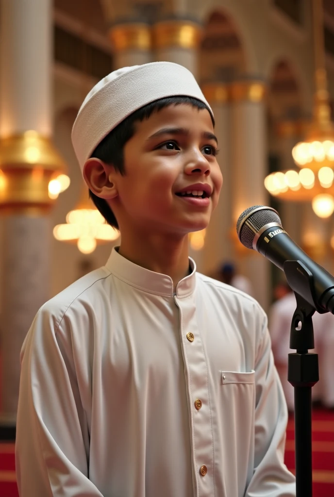 "An image of a boy singing on stage, wearing an abaya and turban, with a microphone in hand. In front of him, a group of boys, all dressed in abayas and turbans, sit attentively, capturing the entire scene in one shot."

Make image unique 